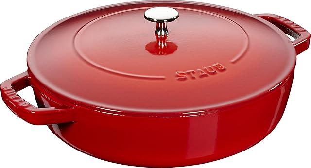 STAUB Cast Iron Sauté Pan, Chistera Lid, Round, 28 cm, 3.7 L, Cherry Red