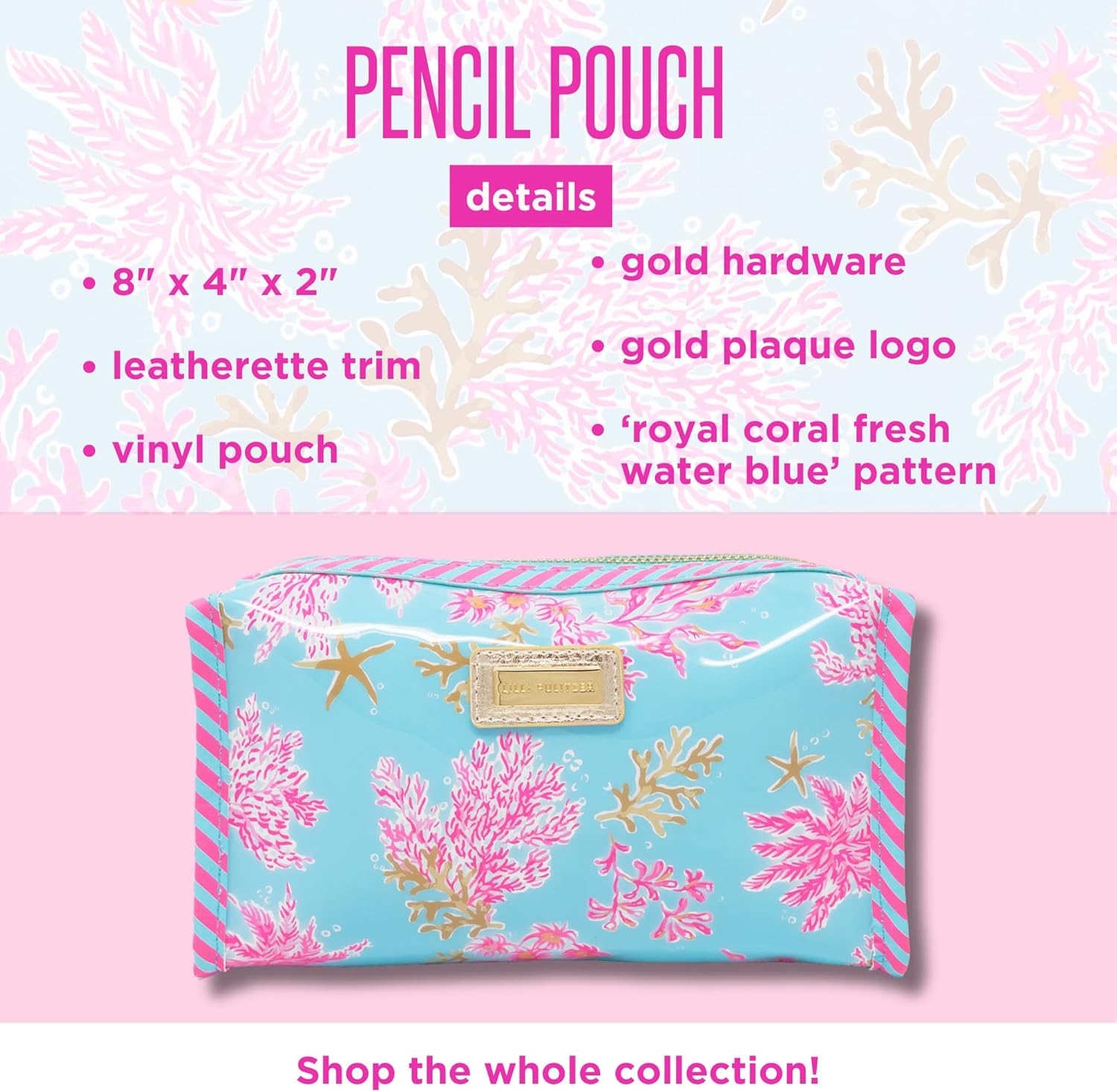 Lilly Pulitzer PVC Zipper Pouch, Cute Pencil Case for Adults, Travel Toiletry Bag, Small Pouch Bag for Supplies, Makeup or Toiletries (Royal Coral) - Image 3