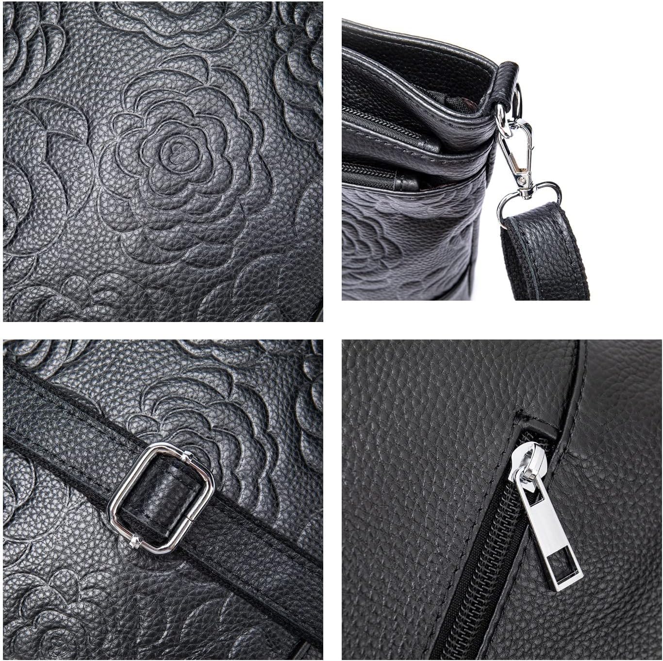 Women Genuine Leather Shoulder Bag Floral-Embossed Crossbody Bag Handbag Purse for Women