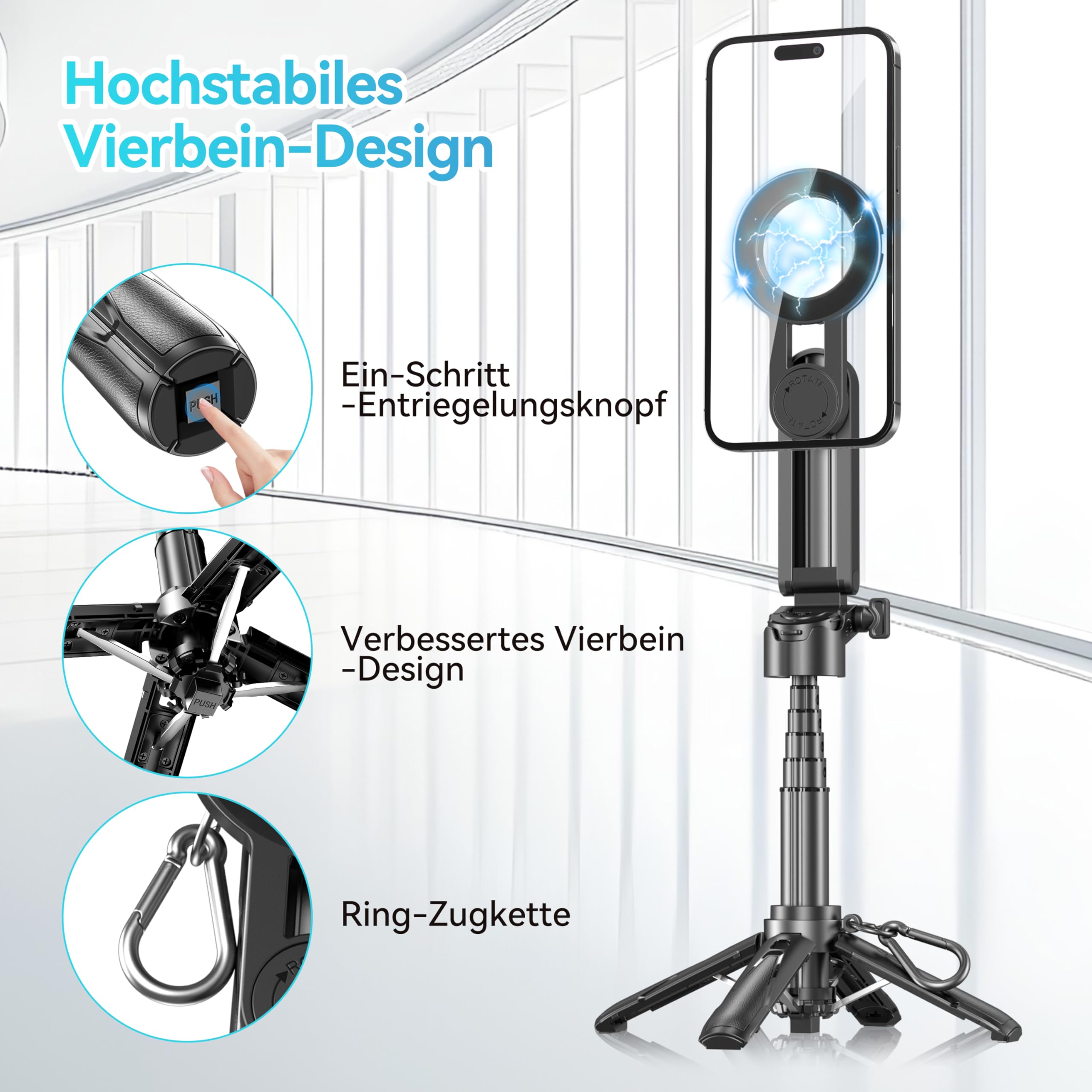 FOURPILLARS Magnetisches Mini Selfie Stick Stativ, Tragbares Selfiestick Klein mit Abnehmbarer Bluetooth-Fernbedienung für Fotos, 360° Drehung, Kompatibe mit iPhone & Android