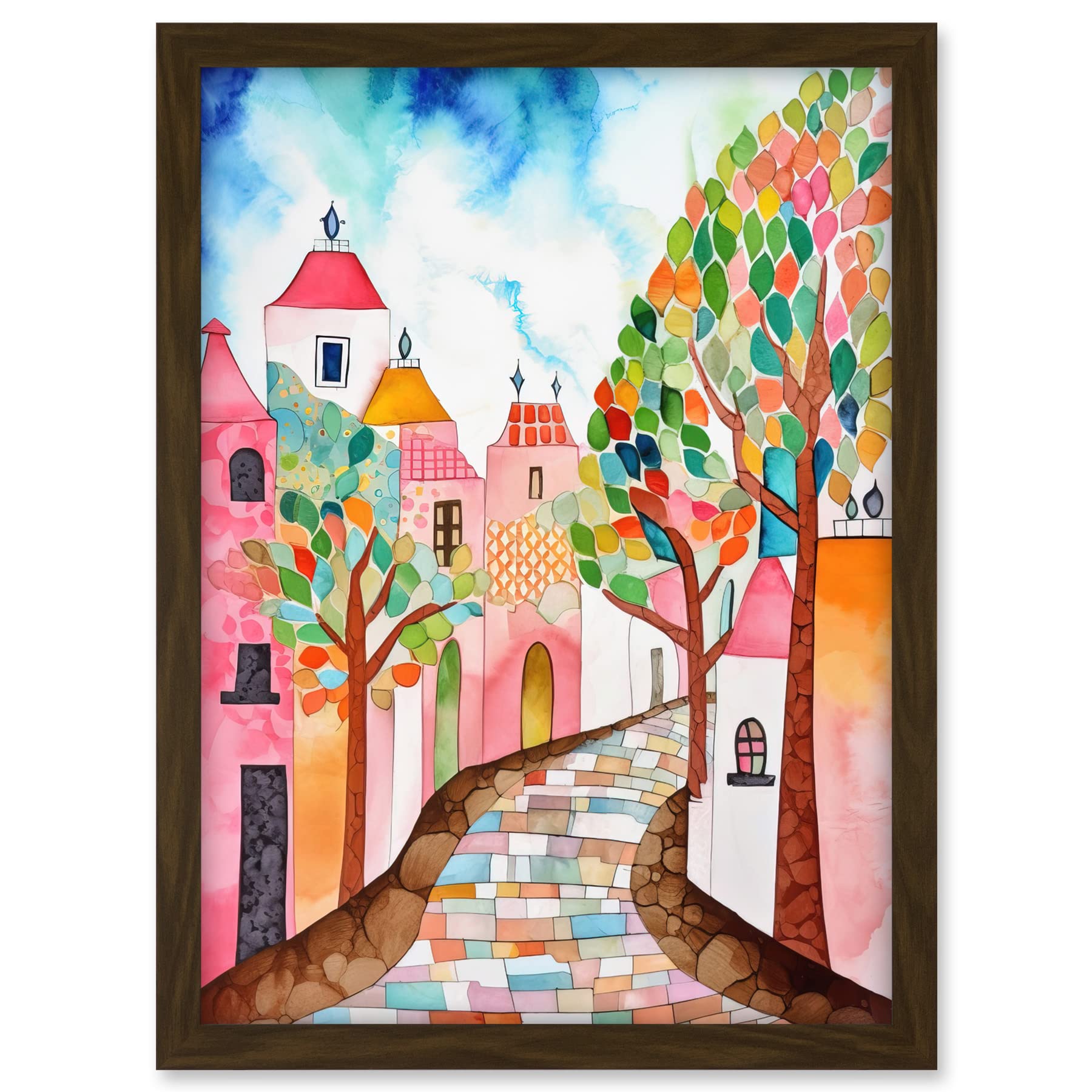 Artery8 Cobblestone Street In Spring Folk Art Artwork Framed A3 Wall Art Print