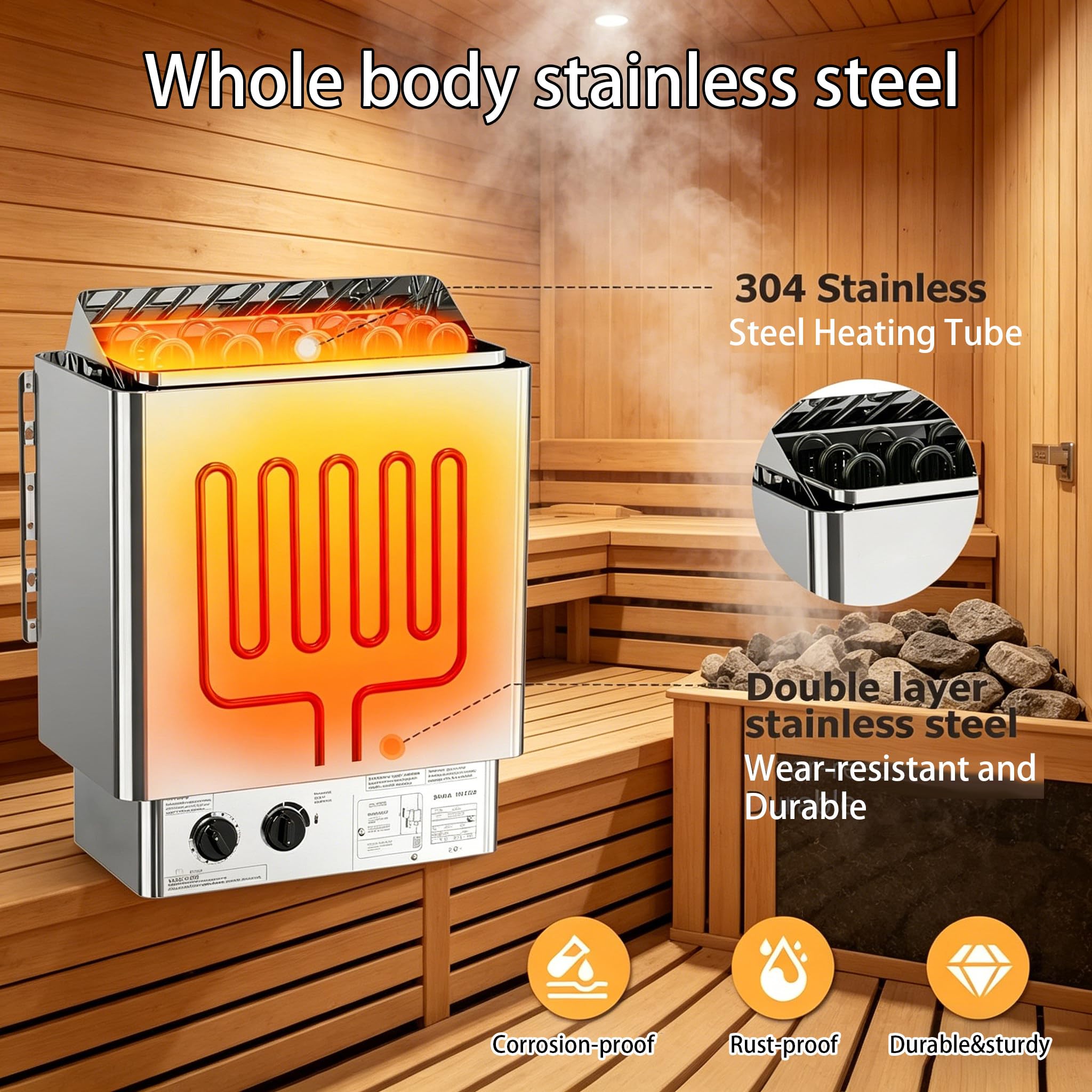 Estufa Sauna Eléctrica Profesional, Montaje en Pared, INOX, 0-80°C Regulable, Temporizador, Soporte Pretaladrado, para Sauna, Gimnasio, Centro de Bienestar, Hotel, Uso Comercial 3.0KW