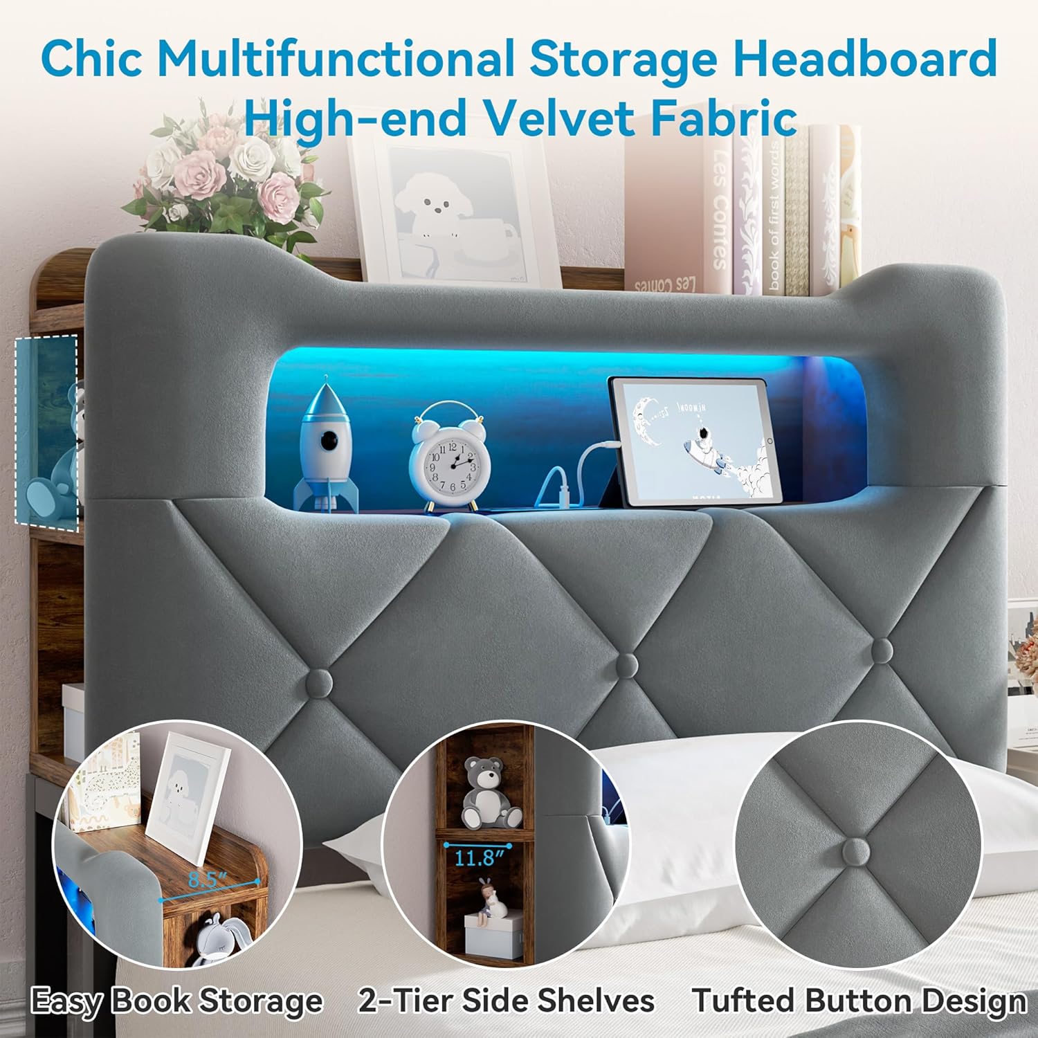 Twin Upholstered LED Bed Frame with 2 Storage Drawers and 2-Tier Storage Bookcase Headboard, Velvet Platform Bed for Kids/Girls/Boys, Heavy Duty Metal Support, No Box Spring Needed, Grey - Image 5