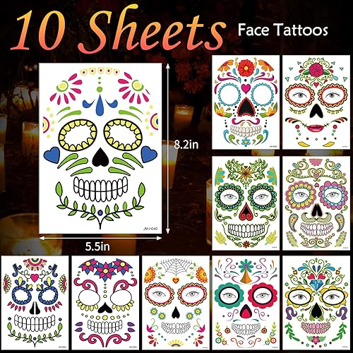 Miniatura 2 de Tatuajes de cara del Día de los Muertos, tatuaje temporal de Halloween, paquete de 10 unidades de Dia de Los Muertos Kit de maquillaje de esqueleto