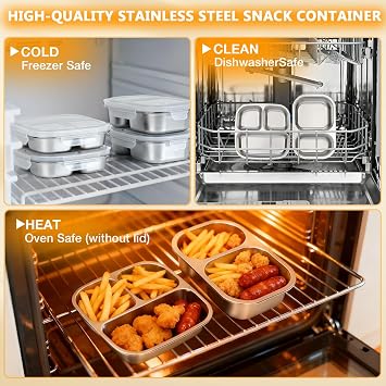 Stainless Steel Snack Containers with Lids, 2 Pack Stainless Steel Bento Box, Metal Lunch Box with 3 & 2 Compartments, Food Storage for Snacks, Fruit, Sauce, Dishwasher Safe for Travel