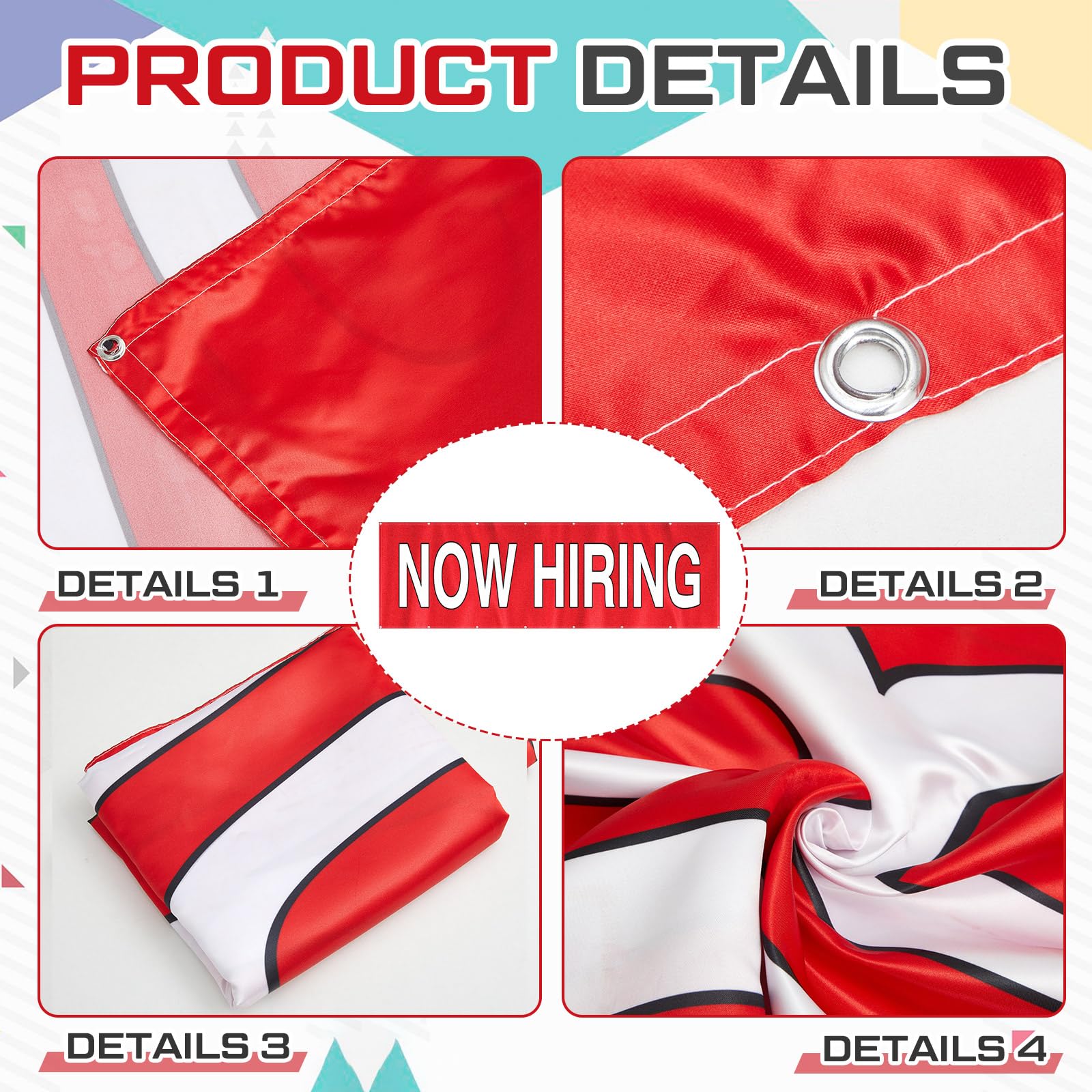 HunnmingRe Now Hiring Banner - Letreros de contratación de 3 x 10 pies, color rojo y blanco, letreros de contratación para interiores y exteriores, tela satinada de una sola cara con ojales de metal