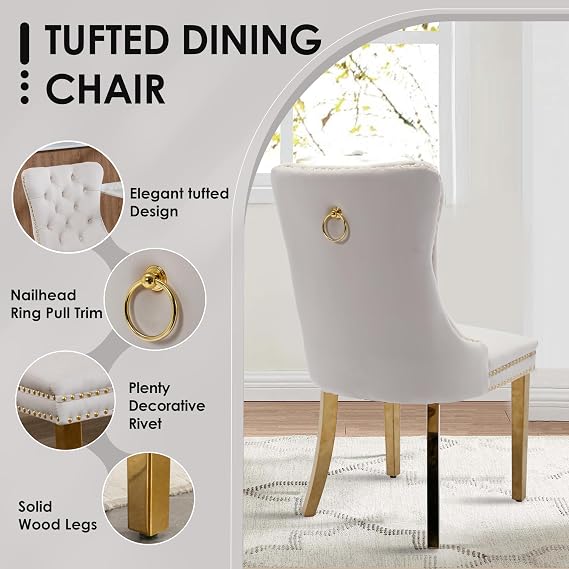 Small Round Clear Glass Top Dining Set for 2, 36'' Modern Luxury Circle Dinner Room Set, 3 PCS Minimalist Circular Kitchen Table Set, Beige High-end Tufted Chairs, for Home Apartment (Golden)
