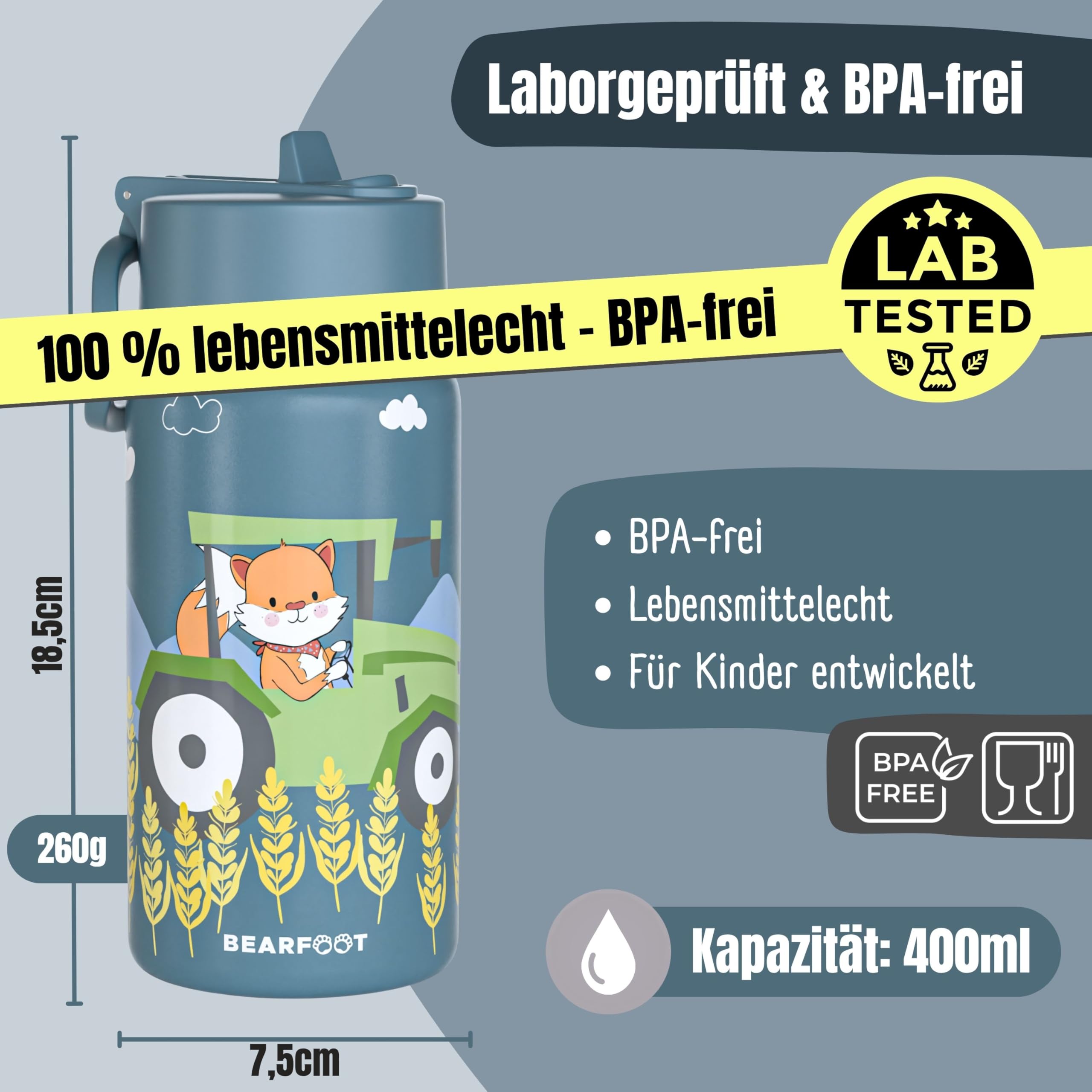 Edelstahl Trinkflasche Kinder 400ml (Blau - Traktor Fuchs) | Thermoflasche, mit Strohhalm, vakuumisoliert, auslaufsicher, BPA-frei, für Mädchen & Jungen