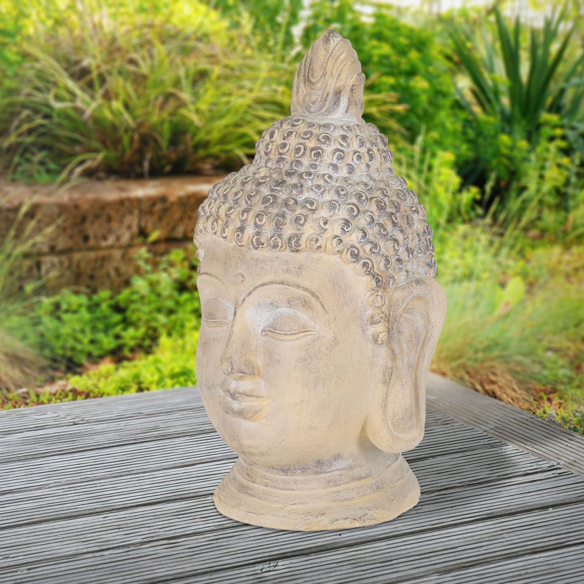 ECD Germany Buddha Figur 55 cm Beige/Grau, Kunststein Polyresin, Kopf Statue Skulptur Dekofigur Feng Shui Kunststeinfigur Dekoration Gartenfigur Asien Dekorationsobjekt Steinfigur, für Haus und Garten
