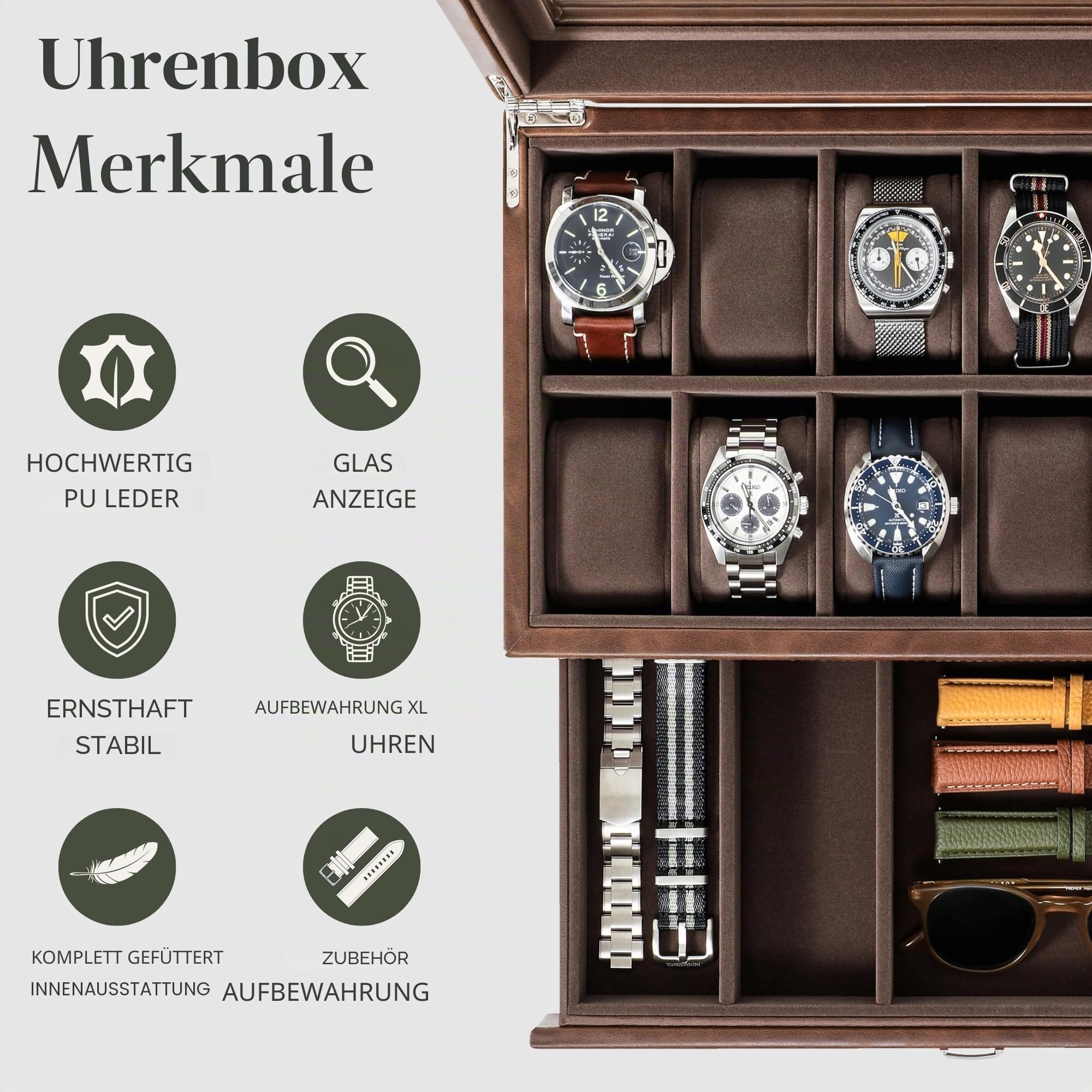 TAWBURY Uhrenbox 12 uhren – Uhren Box für Herren mit 12 Fächern | Uhrenkasten für Herren (Braun)