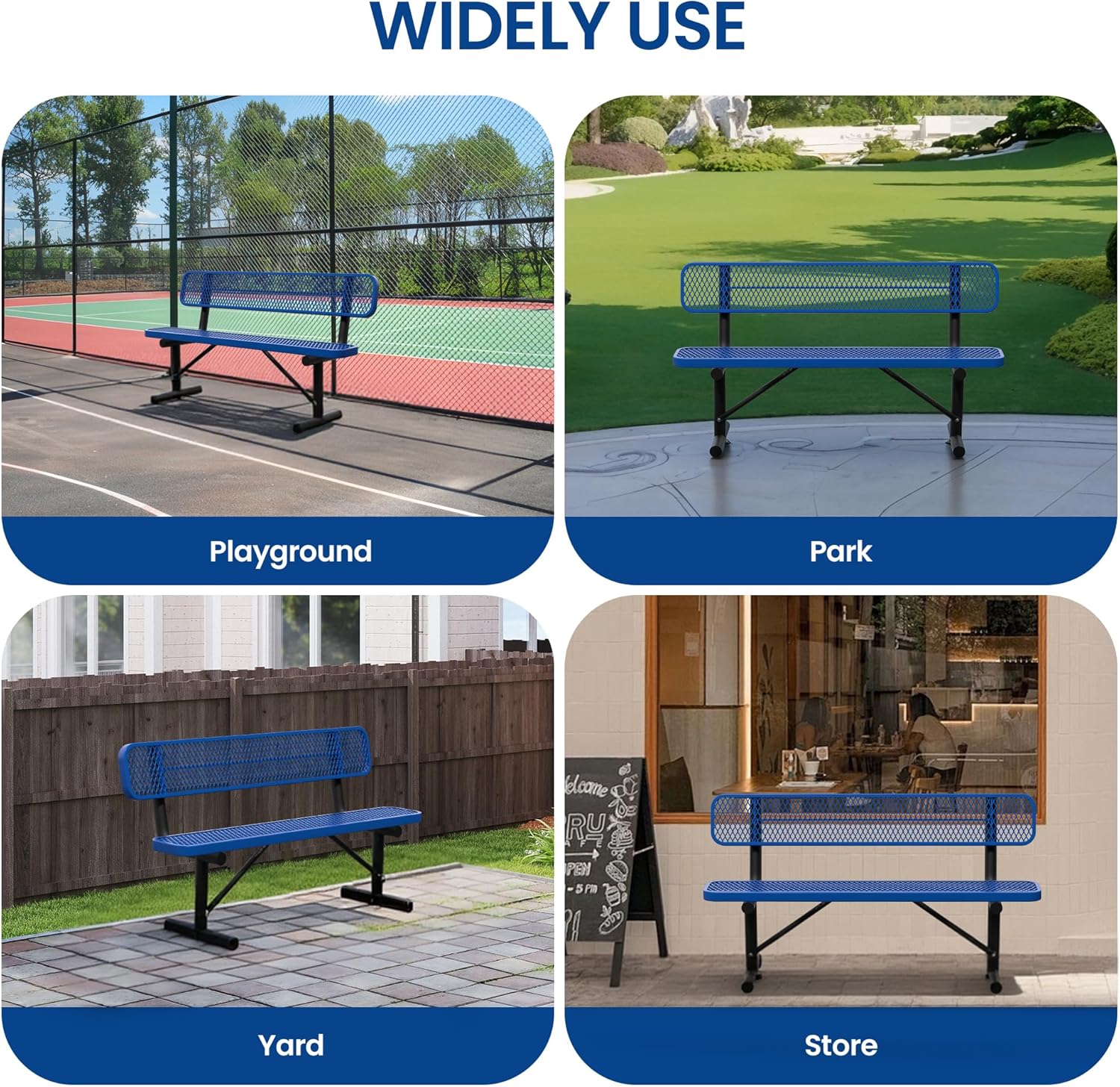 6ft Park Bench for Outside,Heavy Duty Patio Garden School Commercial Benches,Weatherproof Outdoor Bench Blue Metal Park Bench, Outdoor Steel Bench with Backrest,72.4x23.2x32.5inch