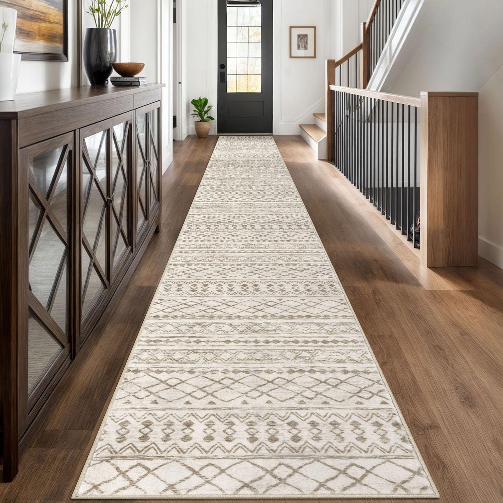 KUTA Long Hallway Runner Rug 2.6x18 Non-Slip Washable, Moroccan Vintage Beige Boho Kitchen Rugs Ultra Soft Distressed Geometric Floor Carpet Runners