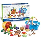 Learning Resources New Sprouts Deluxe Market Set - Pretend Play Kitchen, Fruit Basket, Toddler Outdoor Play Food Toys, Kids Playset, Shopping Basket, Fine Motor Skills, Montessori Sensory Cooking