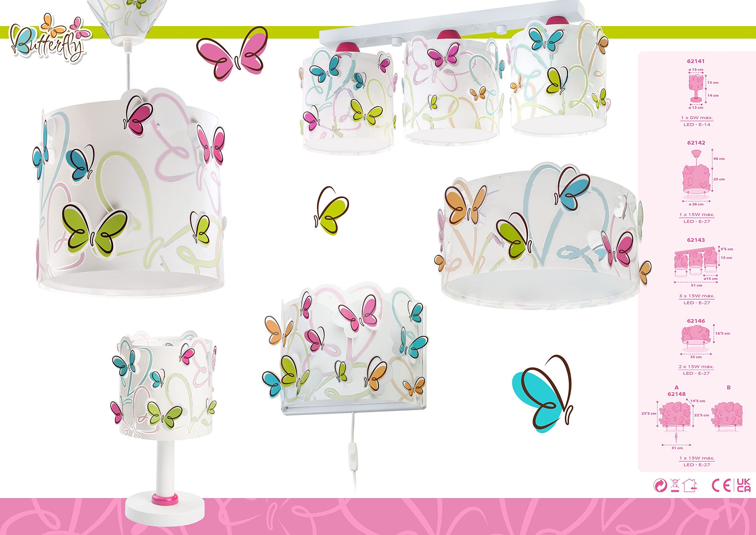 Dalber 62142 Lámpara Infantil de Techo, Mariposas Butterfly, lámparas infantiles, E27, Multicolor, 1