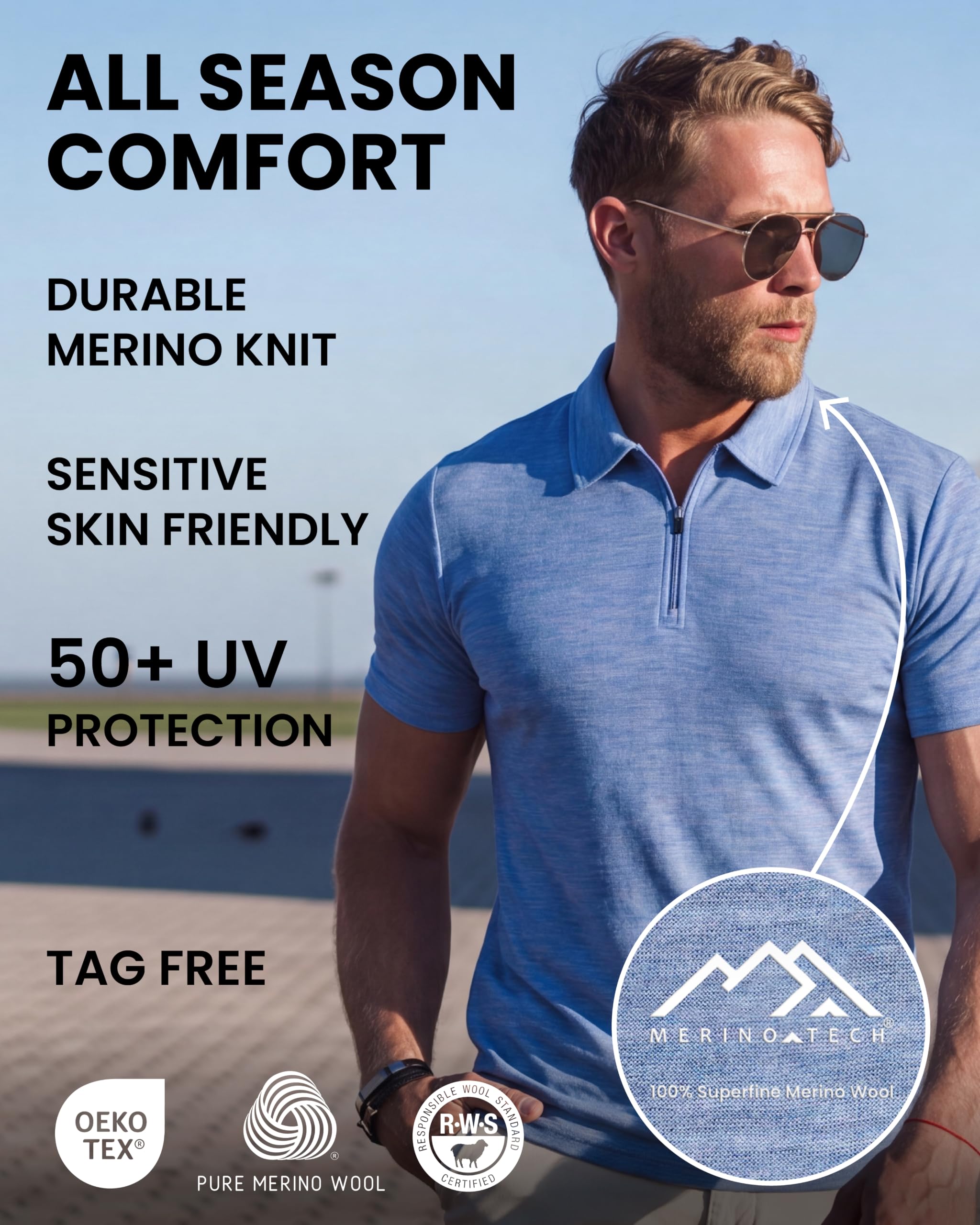 Merino.tech 100% Chemise Homme Merinos à Col Polo Zip – Bureau et Plein Air
