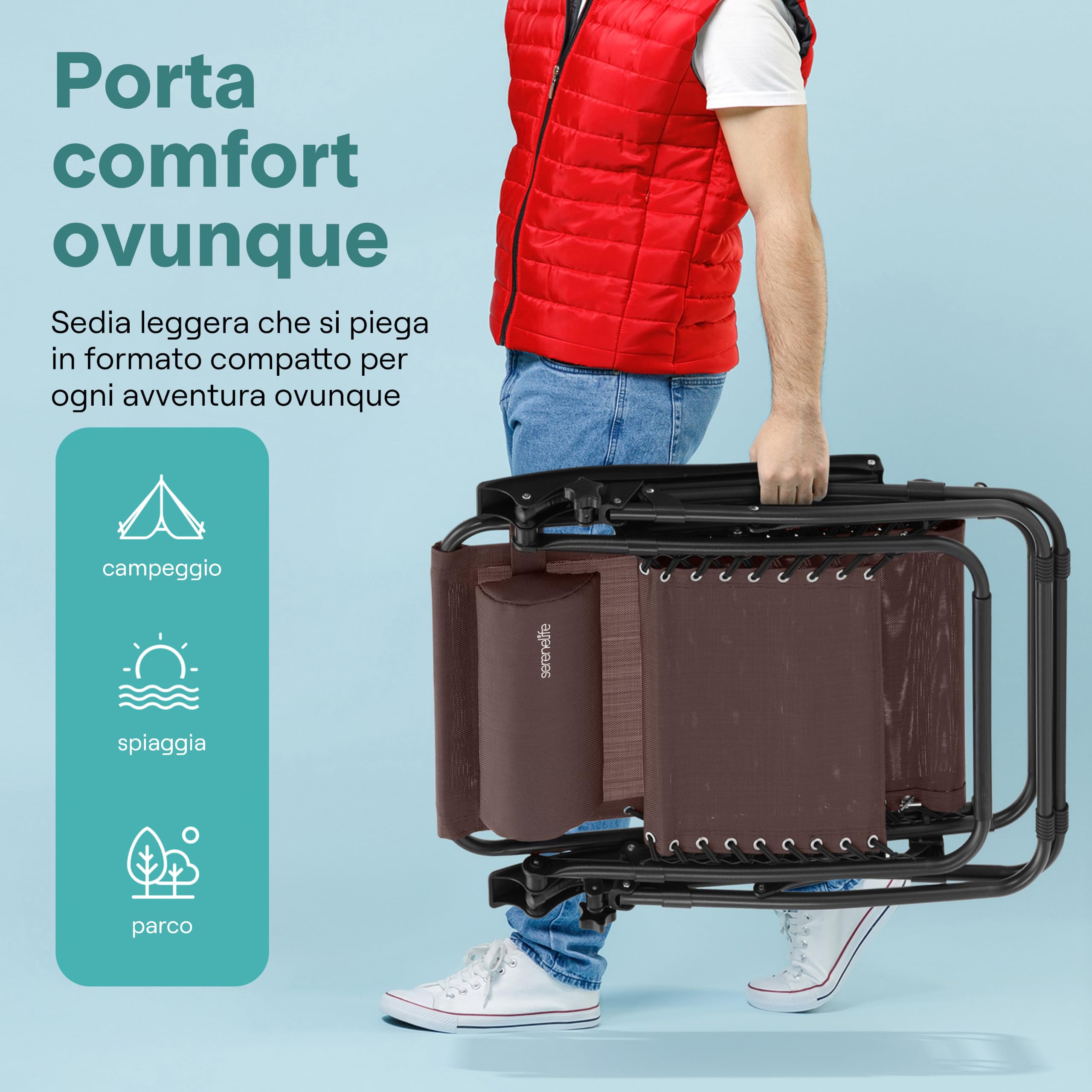 SereneLife Set di 2 Sedie Sdraio Reclinabili da Giardino, Struttura in Rete d’Acciaio, Sedie da Esterno Pieghevoli con Vassoio Portabicchieri Rimovibile e Cuscini Removibili