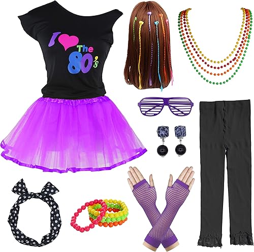 FUNDAISY Juego de accesorios de disfraz retro para niñas de los años 80 para fiestas temáticas de los años 80