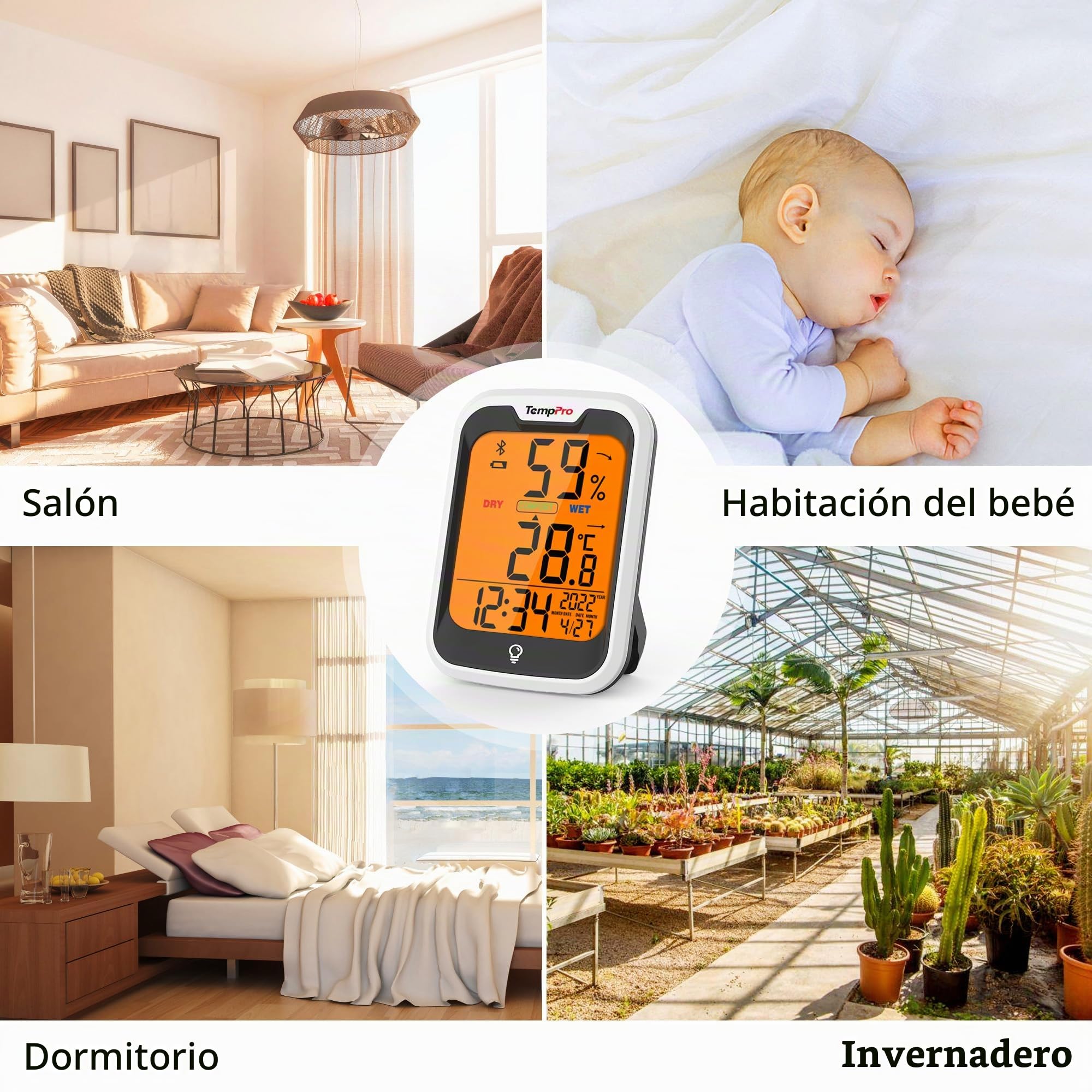 TempPro TP358 Termómetro Higrómetro Inteligente con Bluetooth, 2 Piezas | Termómetro Digital Casa, Pantalla LCD Retroiluminada, Almacenamiento de Datos, Alertas, Hora y Fecha(Anteriormente ThermoPro)