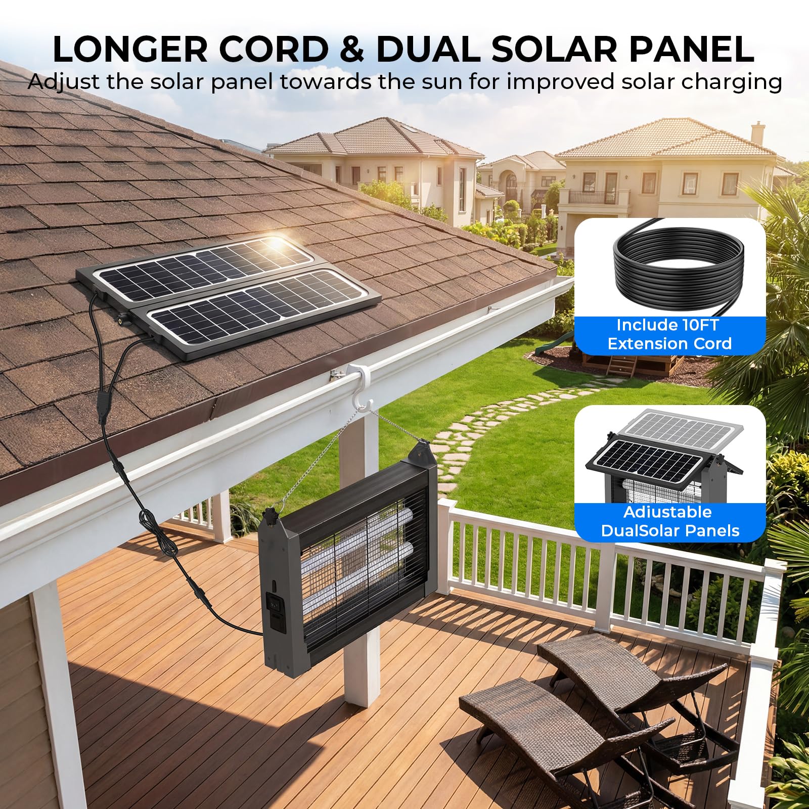 Verbesserter Solar-Bug-Zapper für den Außenbereich mit zwei Paneelen, 4500 V, kabellos, wiederaufladbar, Fliegen-Insektenvernichter, wasserdicht, elektrischer Mückenvernichter für Terrasse, Garten