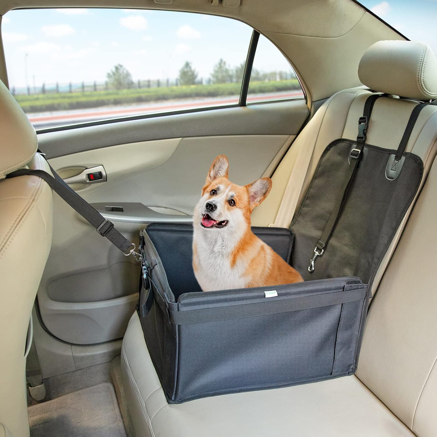 IN HAND Dog Car Seat, Extra Stable Folding Pet Car Booster Seat with Reinforced Walls & Safety Belts for Back and Front Seat,…