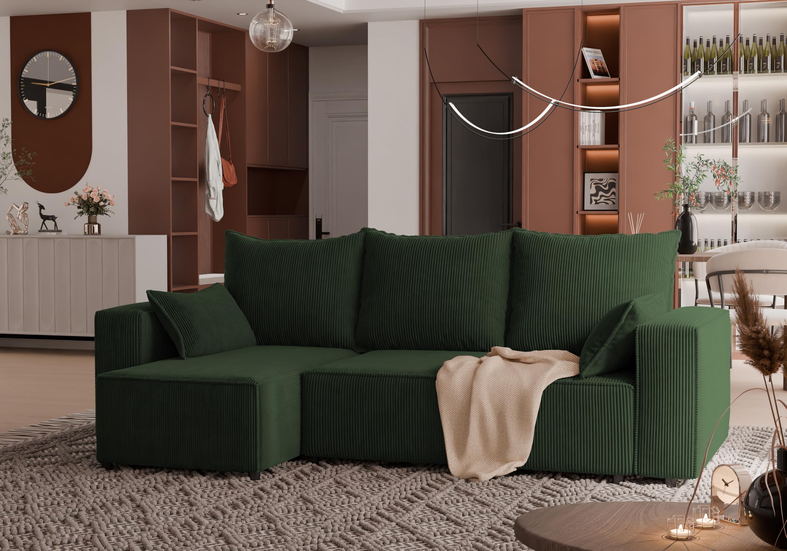 Ecksofa mit Schlaffunktion Tobi 246x145 cm - Couch - Sofa mit Bettkasten - Eckcouch - L-Form - Schlaffsofa - Schlafsofa mit Bettkasten - Universal (Cord Poso 14 Flaschengrün)