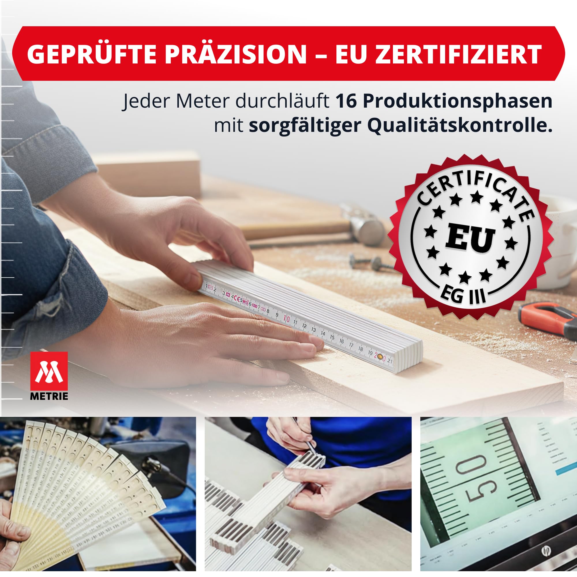 Metrie™ Zollstöcke Perfekt 10 – Gliedermaßstäbe 2m | Weiß | Lackiertes Holz, Stahlgelenke – Duplex Teilung, Hergestellt in der EU | Robuste & Präzise Holz-Gliedermaßstäbe | 100 Stück