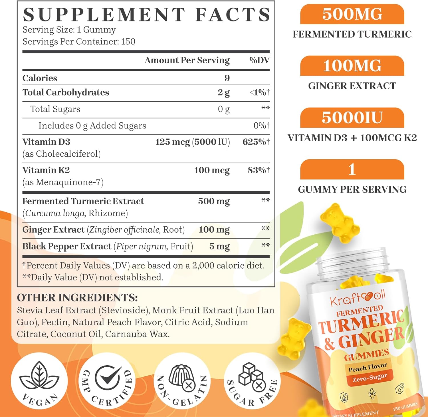 Turmeric and Ginger Gummies with Black Pepper, Fermented Turmeric for Joint Comfort & Mobility, Sugar-Free with Vitamin D3 + K2, Natural Peach Flavor – 150 Gummies - Image 2