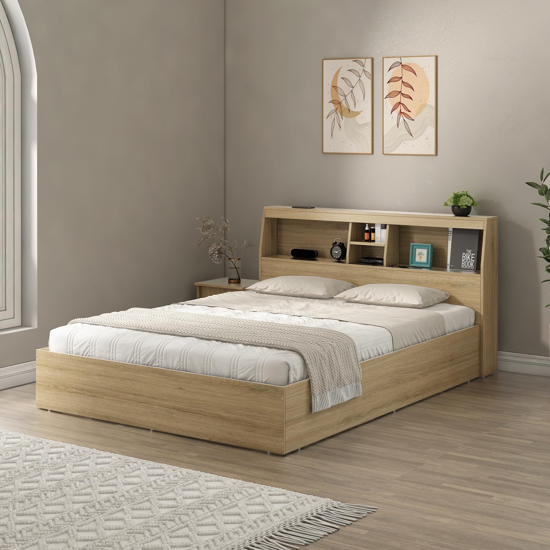Spacewood Storiva Bed |King Size (78 X 72) Engineered Wood Bed with Box Type Storage | Shelfs in Headboard | 3 Year Warranty | Modern Design |Engineered Wood | Santana Oak-image-27