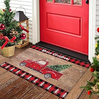Red Truck Christmas Tree Entrance Door Mat, Wood Grain Low Profile Tradition Christmas Decor Welcome Mat, Non-Slip Carpet ...