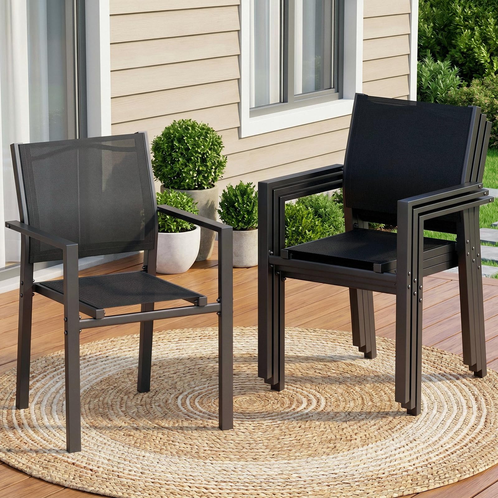 LIFERUN Lot de 4 chaises de Jardin, chaises empilables d'extérieur Respirant avec accoudoirs, Chaise de Salle à Manger en métal et Teslin, pour Jardin, Piscine, terrasse, jusqu'à 120 kg, Noir, 4 PCS