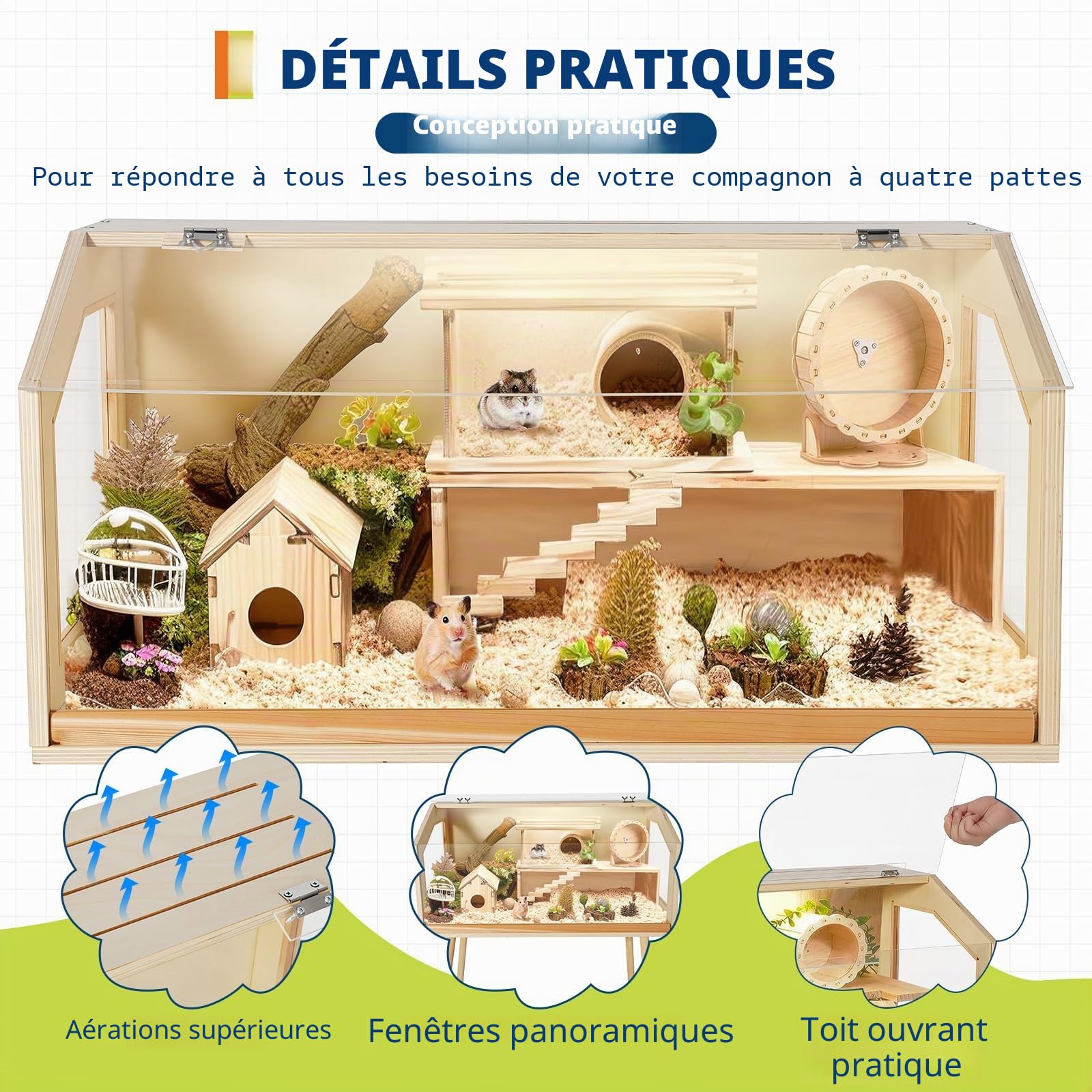 Cage en Bois pour Petits Animaux avec Pieds – Habitat ventilé, fenêtre Acrylique, Toit ouvrant, Anti-Rongeur, Petite Taille 81,28x40,64x101,60cm – pour Hamster Nain, Gerbille, Rat