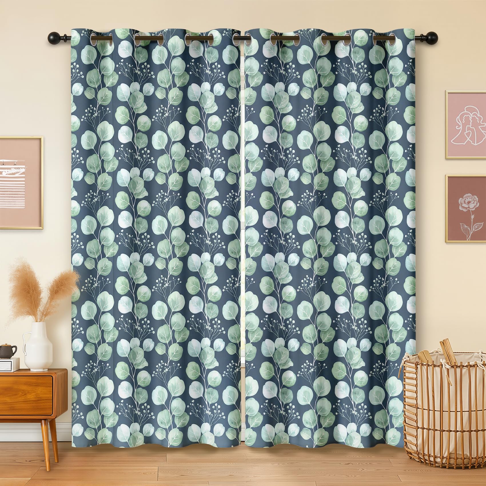 Havenix Sage Green Eucalyptus Blackout Curtains for Bedroom Living Room, Eyelet Curtains 46x72, Thermal Insulated Drapes for Windows, Teal Watercolor Leaf Patterned Window Treatments, 2 Panels