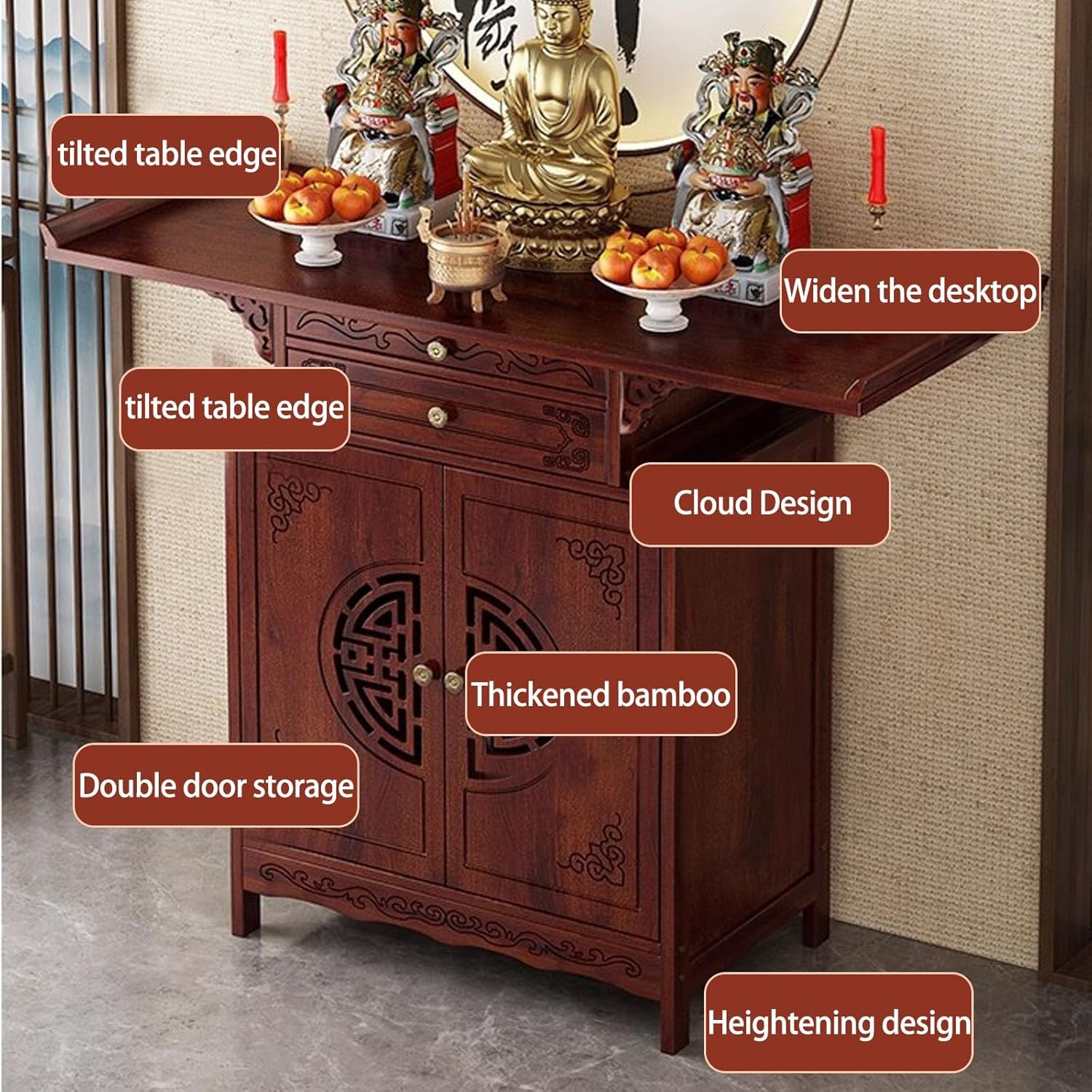 Shrine Altar Table with Drawer, Buddhist Meditation Table with Shelf, Chinese Personal Shrine Stand Cabinet for Home Family or Temple Display(66cm/26in)