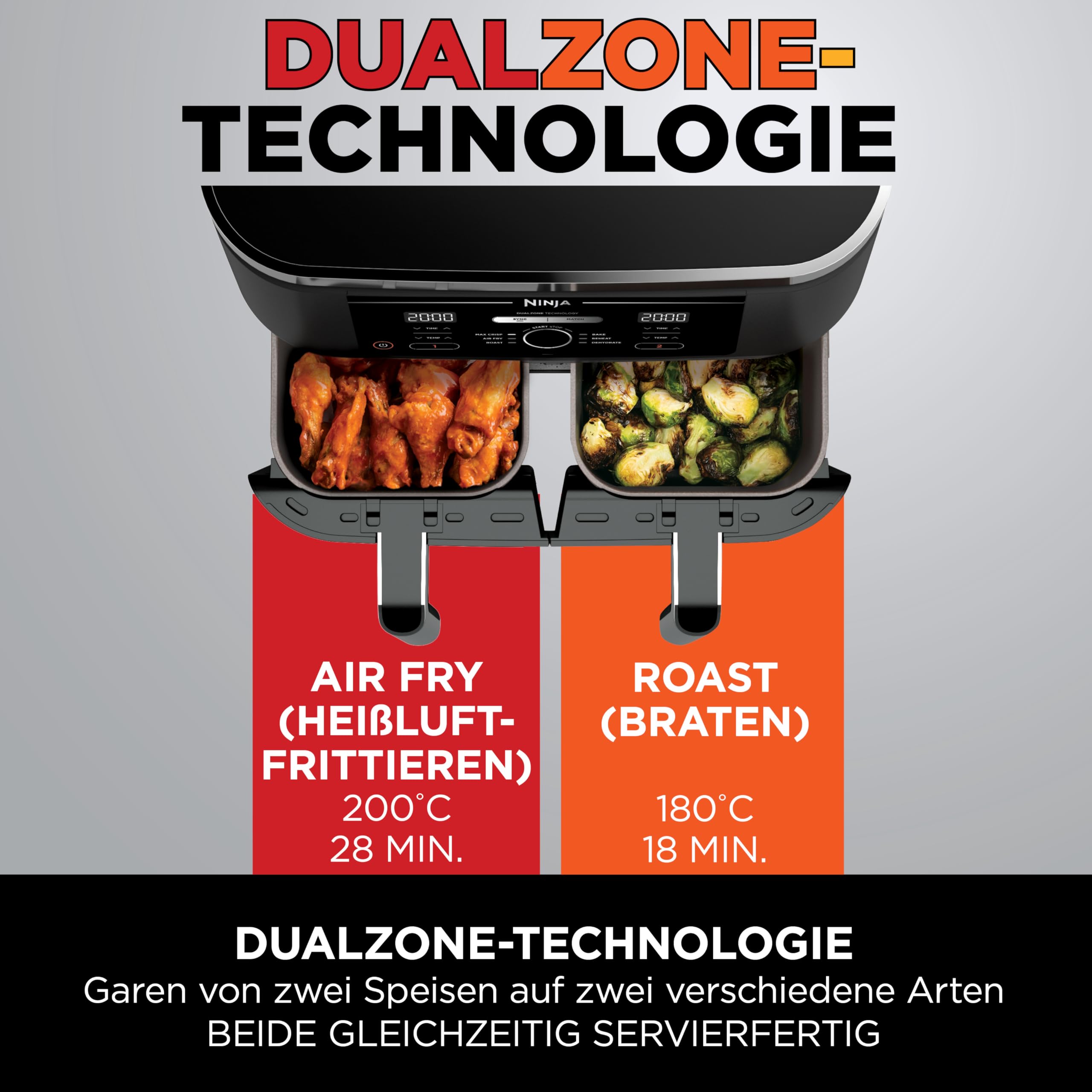 Ninja Foodi Dual Zone Airfryer Heißluftfritteuse, 2 Fächer, 7,6 l, 4-in-1, ohne Öl, Heißluftfrittieren, Max Crisp, Braten, Aufwärmen, antihaft, spülmaschinenfester Korb & Knusperblech, Schwarz AF200EU