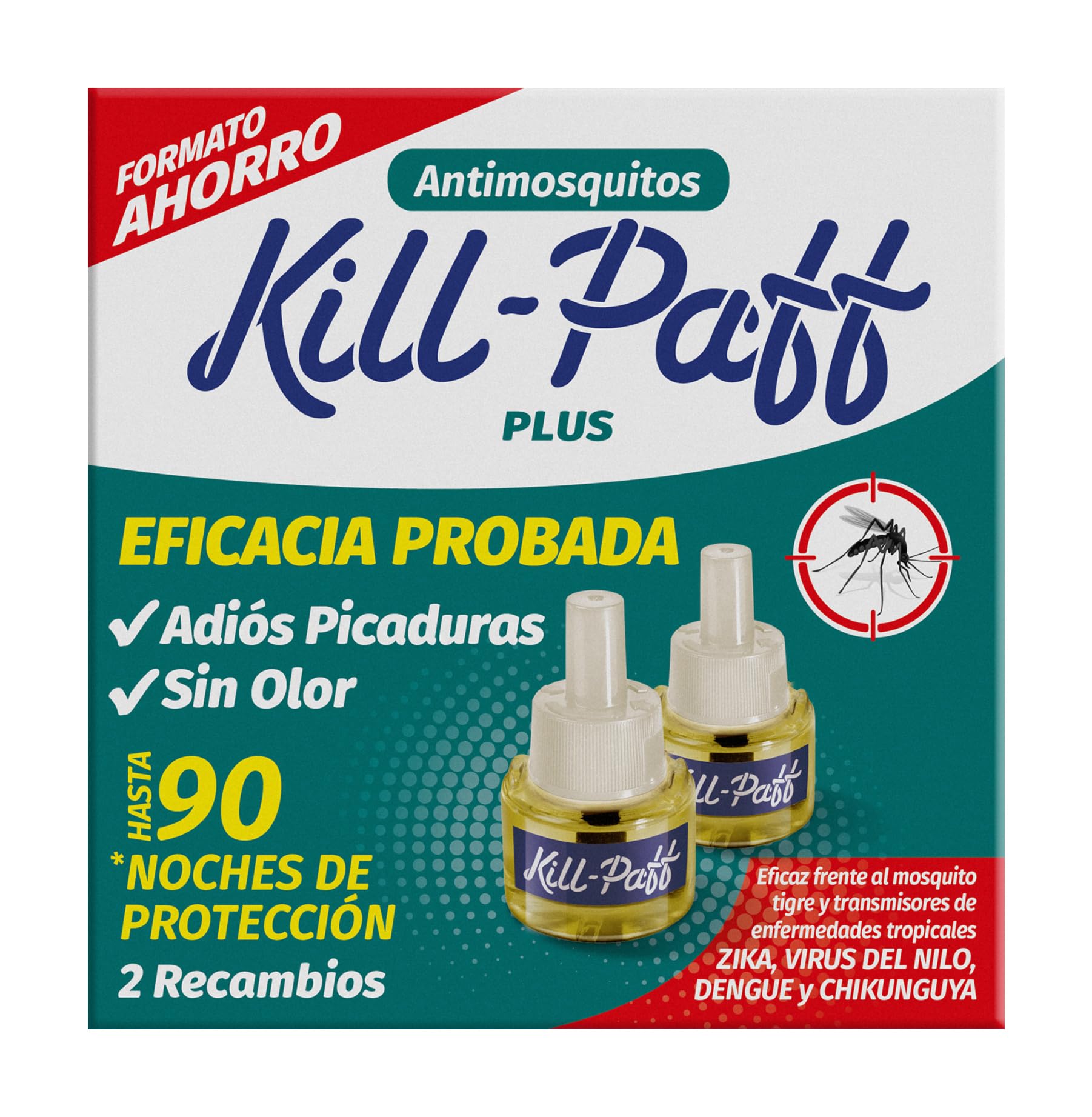 KILL-PAFF | Antimosquitos Eléctrico | Protección Eficaz Contra Mosquitos Tigre y Transmisores de Enfermedades Tropicales | Sin Olor | 90 Noches de Protección | 2 Recambios 33 + 33 ml