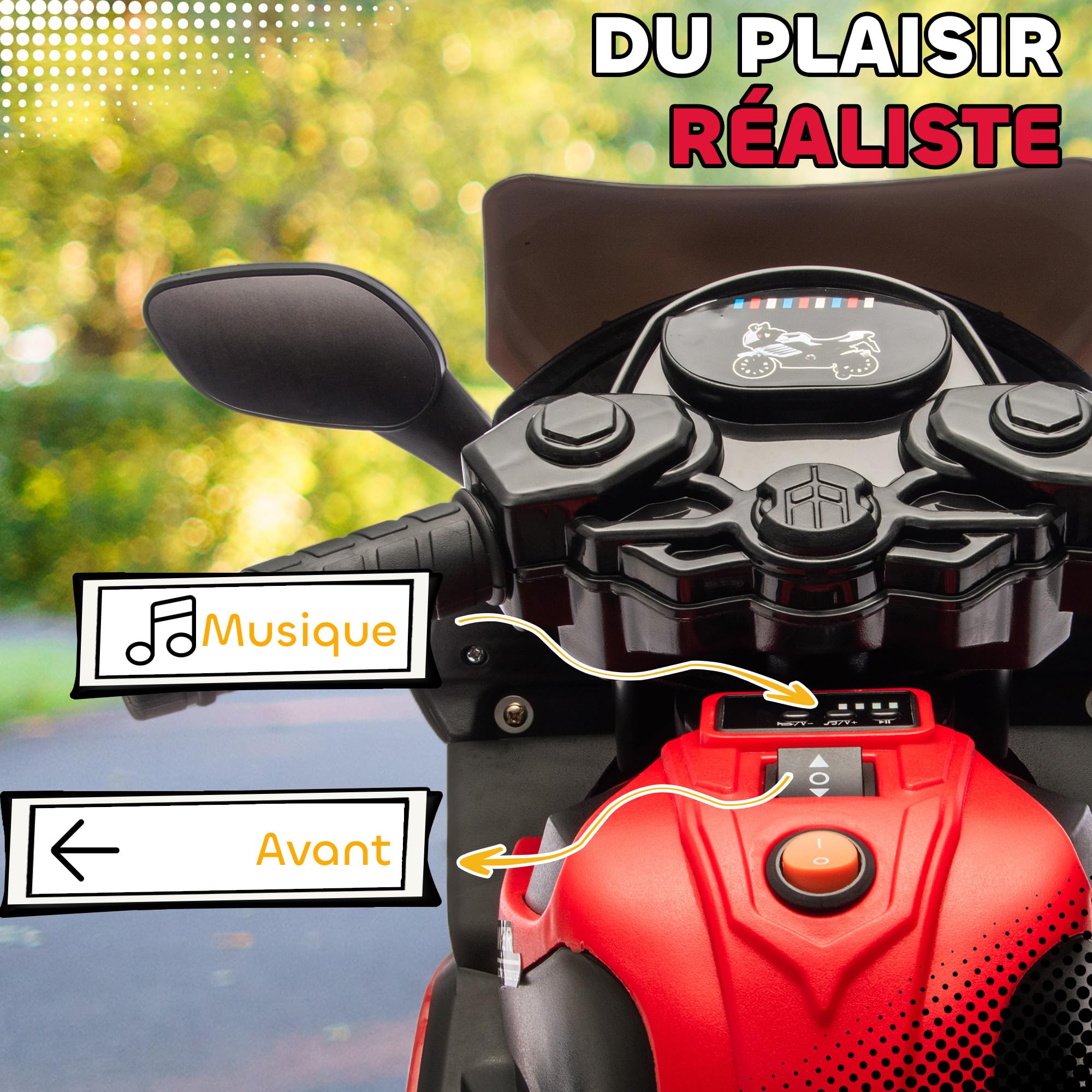 AIYAPLAY Moto Électrique Enfants 6 V, Voiture Électrique Enfants avec Roues d'Entraînement Amovibles, Effets Lumineux et Sonores, Vitesse Max. 2,5 km/h, pour 18-36 Mois, Charge Max. 25 kg, Rouge
