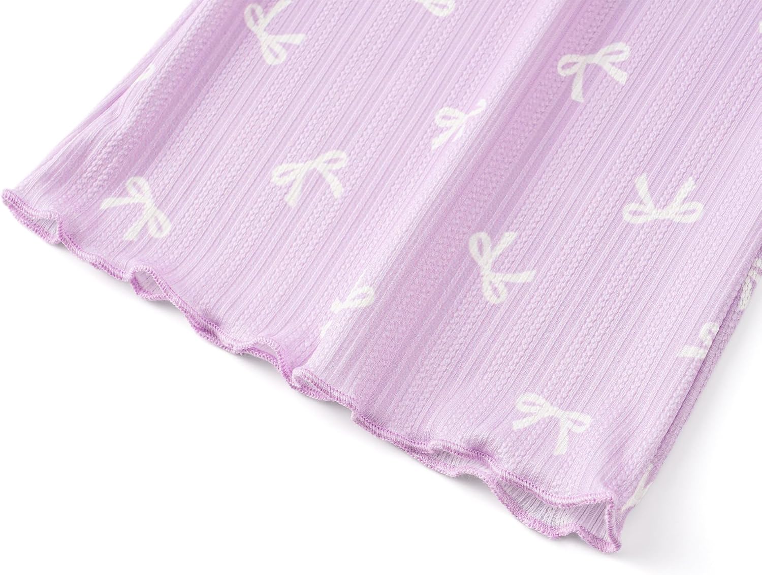 Beezizac 4-pc Girls Pointelle Knit Button Down Pajama - Floral/Bow Lettuce Trim Tee Shorts Pants Hair Tie PJs Sizes 6-18 - Image 7