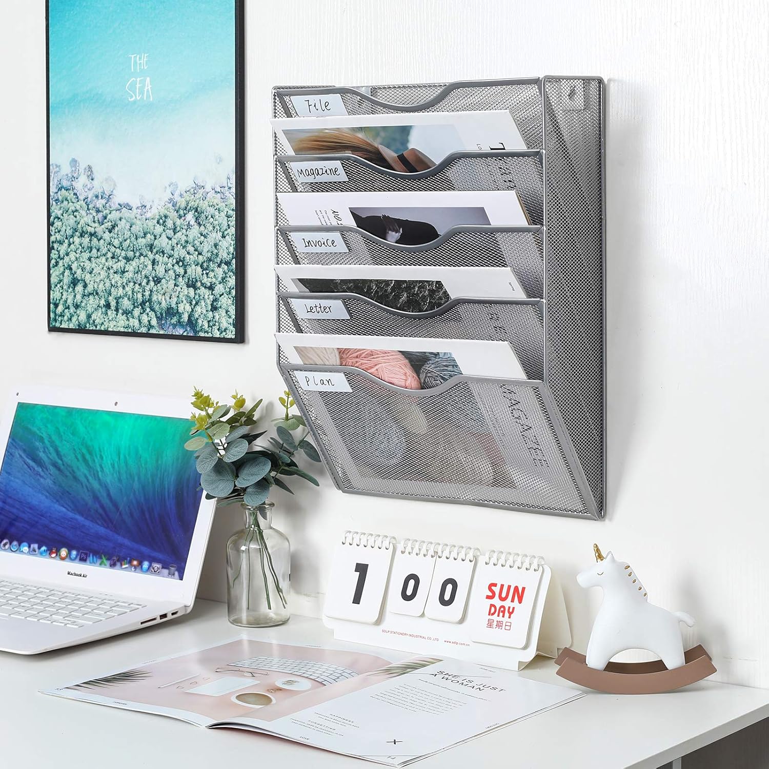 PAG Hanging Wall File Holder Mail Organizer Wall Mount Document Letter Rack, 5-Tier, Silver : Office Products