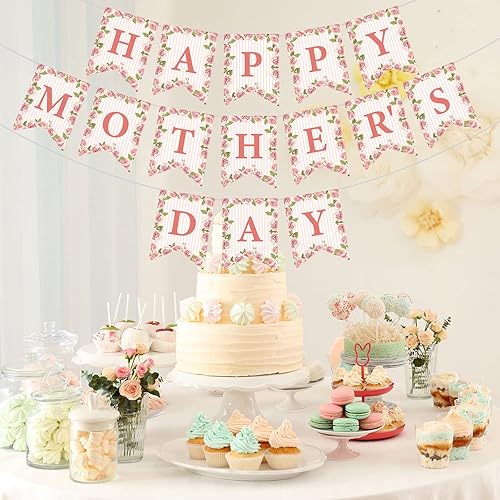 Miniatura 4 de Whaline Juego de 3 pancartas para el Día de la Madre con texto en inglés Happy Mother's Day con cola de pez, pancarta de papel rosa premontada,