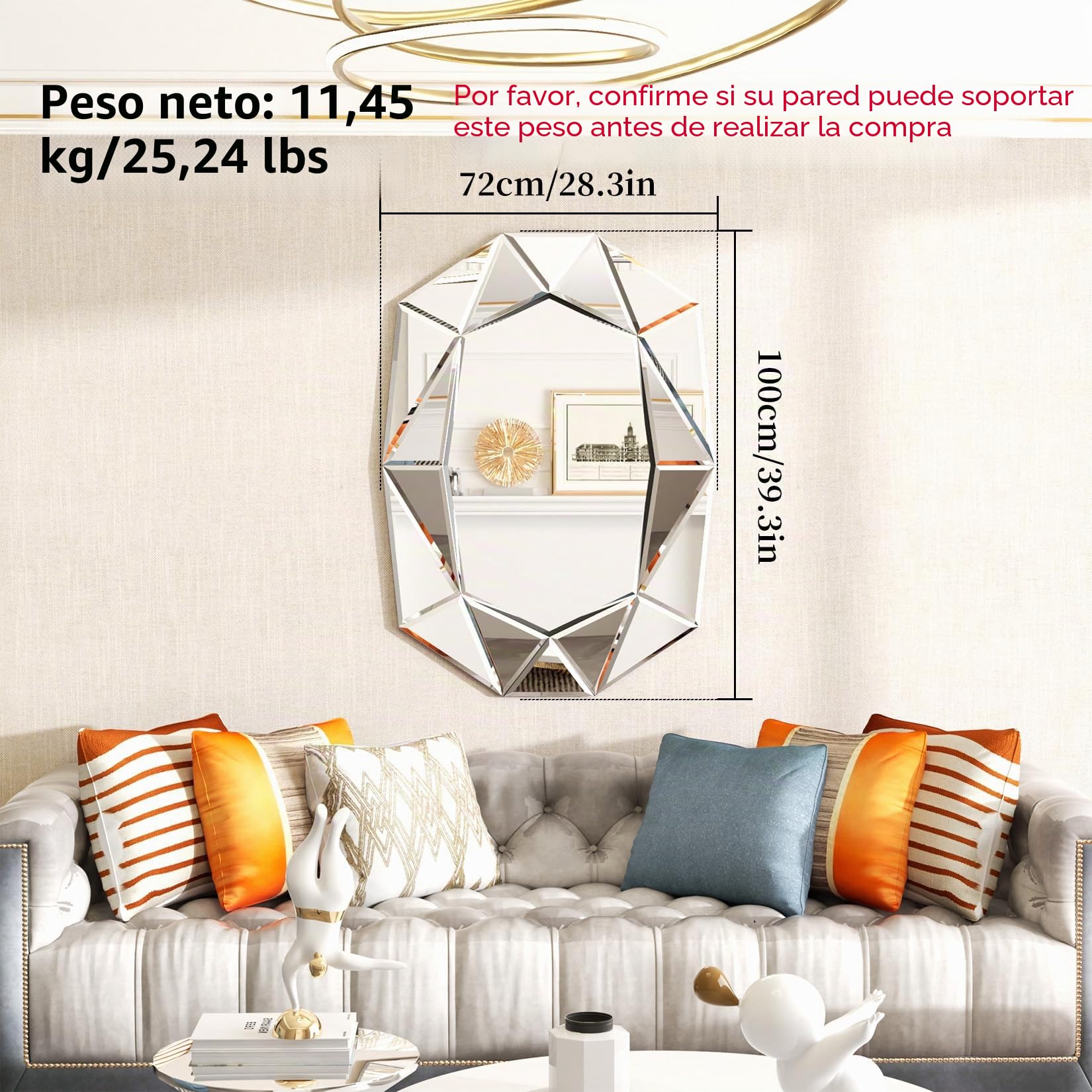 Espejo Pared Grande de Decoracion: Espejo Irregular Moderno Elegante Artístico para Recibidor Salon Entrada Comedor Baño (Plateado)