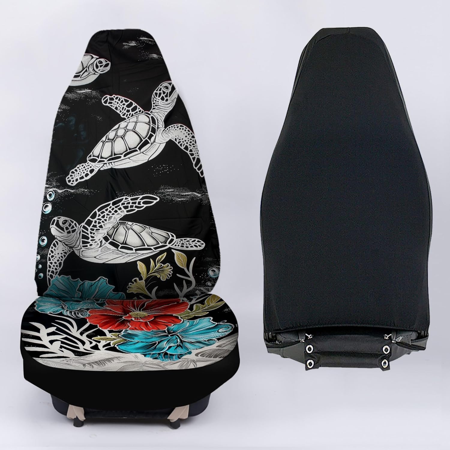 Sea Turtle Floral Print Car Seat Cover Universal Bucket Front Seats Covers Mat Fit for Most Vehicle,2pcs Set