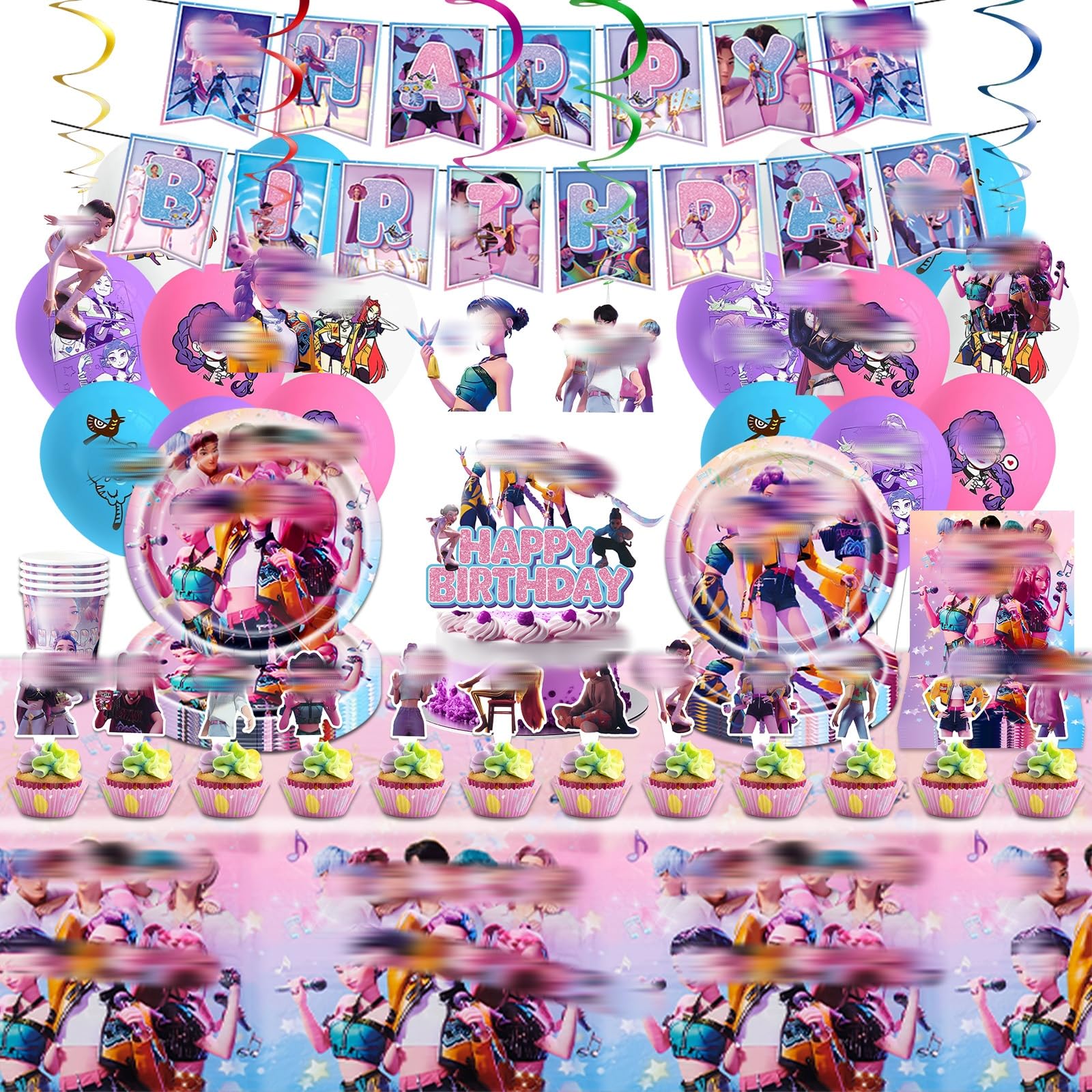 103Pcs K Pop Birthday Decorations Set, Birthday Party Decorations Fantasy Fairytale with Balloons Cake Toppers Banner Hanging Swirls Tablecloth Plates Cups Napkins Party Supplies for Fans Kids Girls