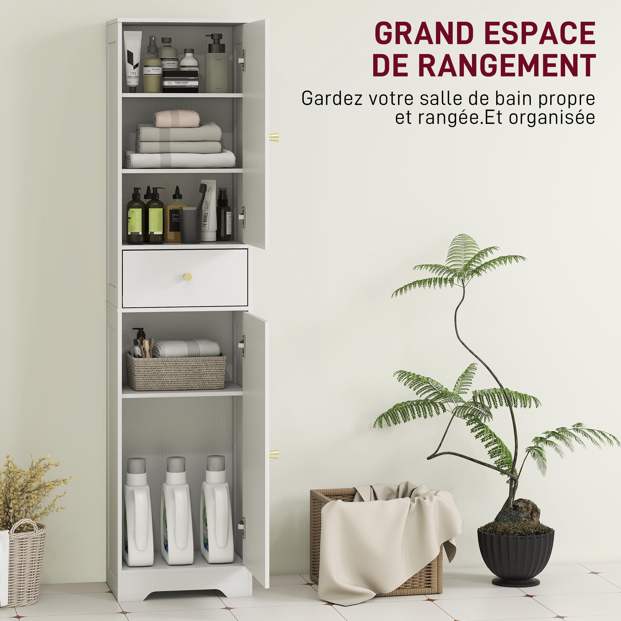 HOMCOM Armoire Salle de Bain Haute Placards Colonne 40x29,5x170 cm Blanc