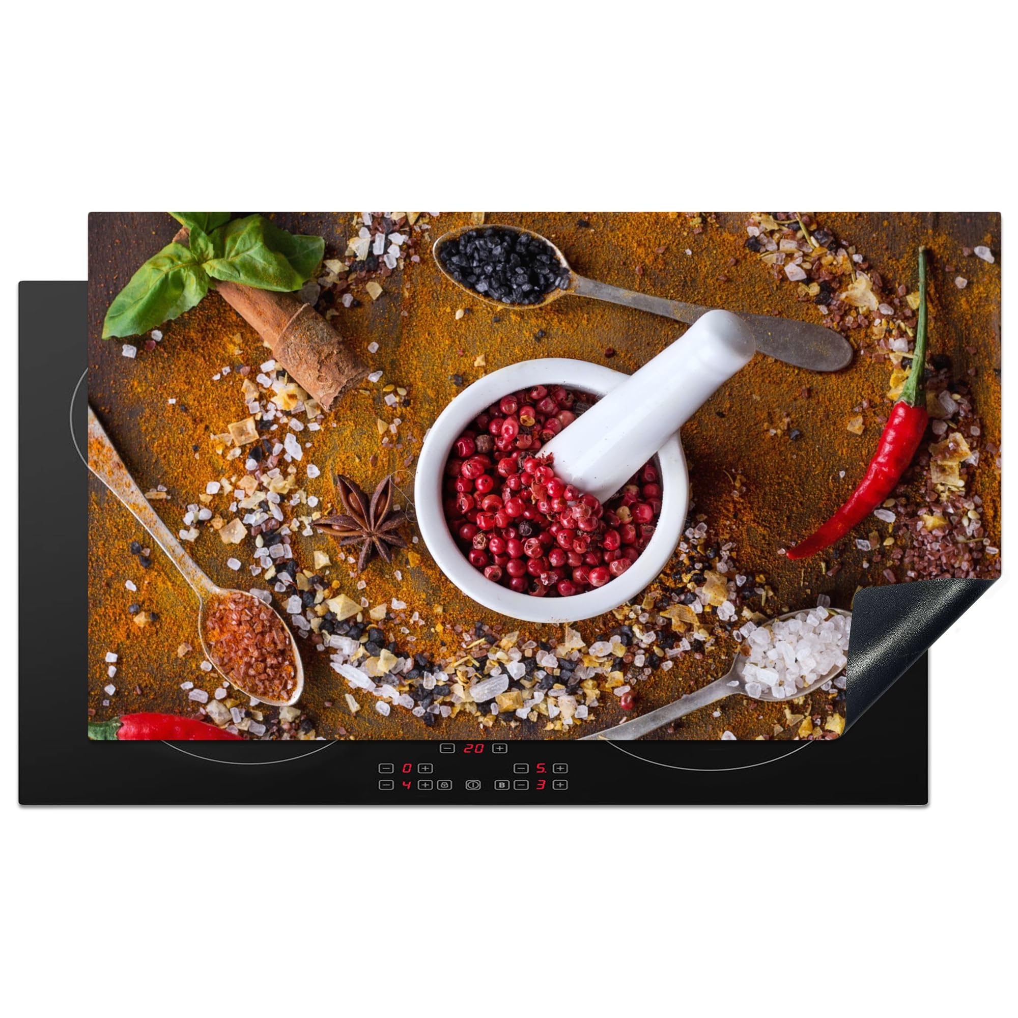 KitchenYeah© Induction Hob Protector Mat 20.5"x35.4" / 90x52 cm Cooker Top Protectors Cover Ceramic Covers Electric Hobs Vinyl Mortar - Herbs - Spoons - Spices - Brown - Pepper