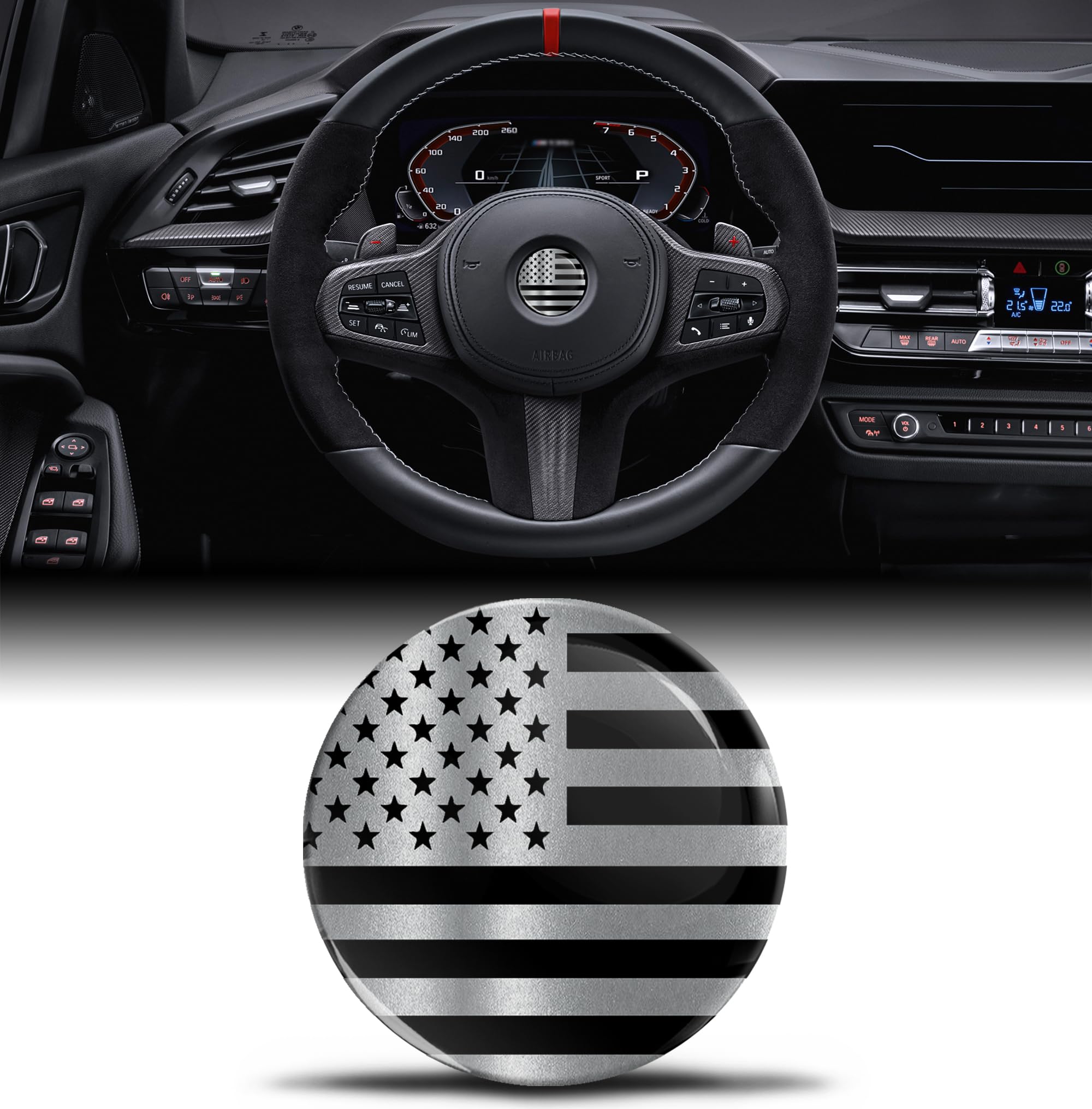 Biomar Labs 3D Silicone Sticker Compatible with BMW 36131181082 Emblem Steering Wheel 45 mm Badge Accessories Parts Decals Steering Wheel Decoration USA Flag Silver V 23