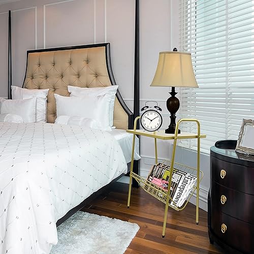 Mesa auxiliar, mesita de noche de metal, mesa de tocadiscos con soporte para revistas, soporte para tocadiscos con almacenamiento, mesa auxiliar