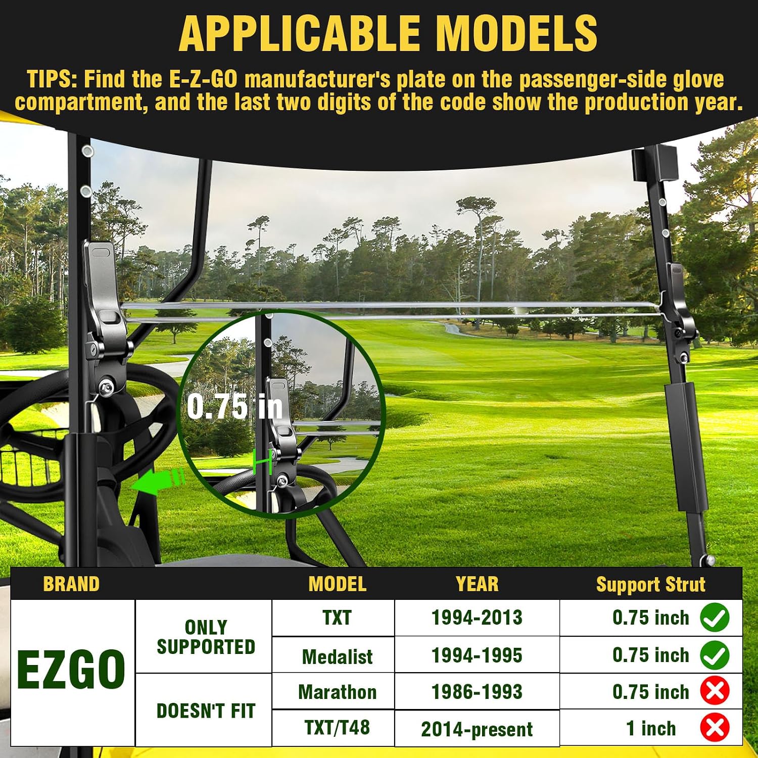 (3rd Gen HINGE) EZGO Golf Cart Windshield, 3/16" (5MM) Thickened PC Ezgo TXT Windshield Replacement Fits 1994 to 2013 Ezgo TXT and Medalist, Heavy Duty Hinge, Foldable, Pre-installed Fits 3/4" Rail