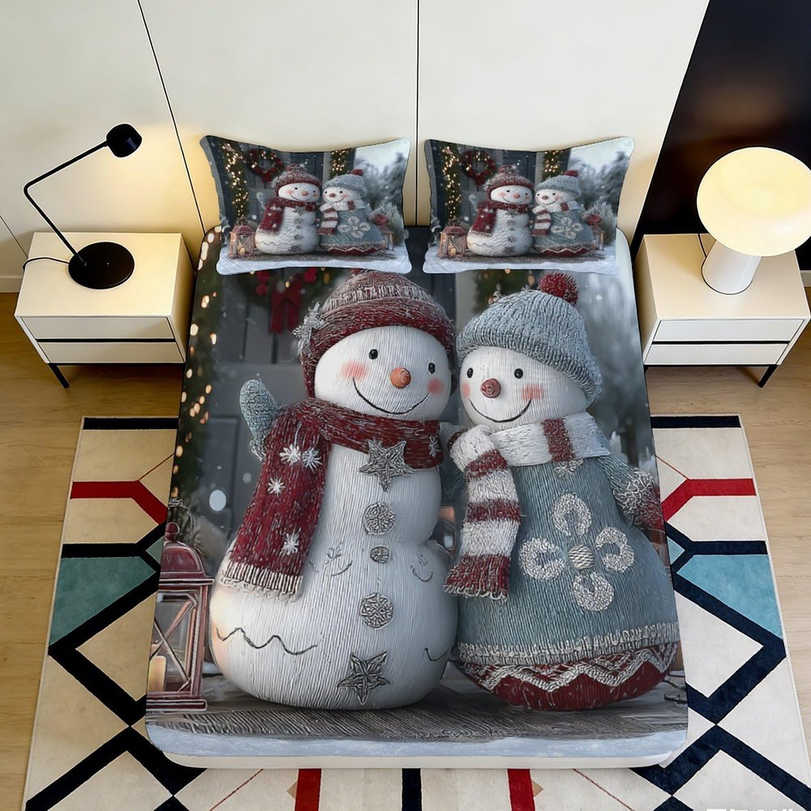 3D Printed Snowman Couple Fitted Sheet Microfiber Soft Warm Bed Cover with Festive Winter Design for Bedroom Dormitory Guest Room 160x200x25cm