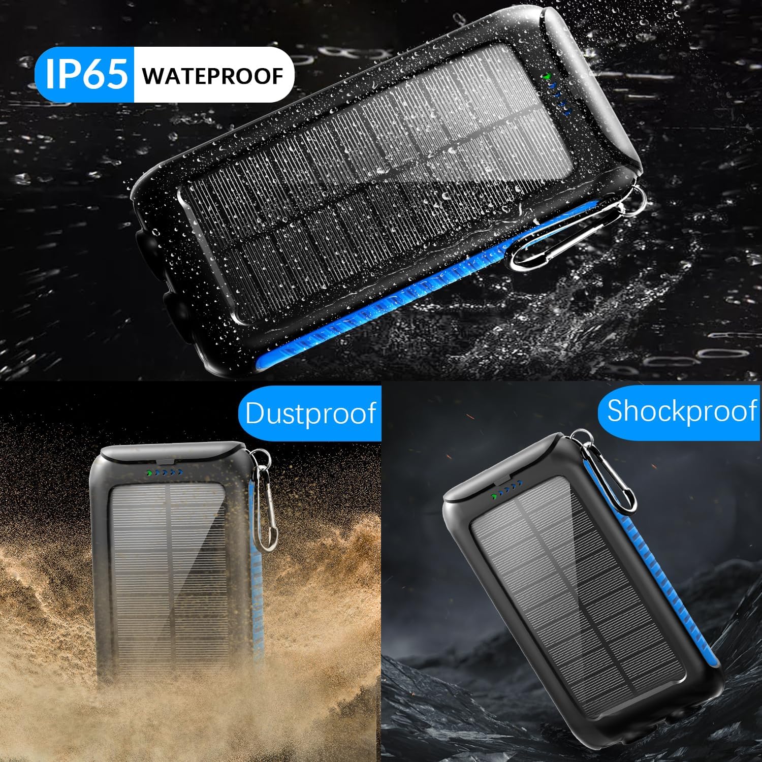 Nuynix power bank demonstrating IP67 waterproof, dustproof, and shockproof features with water splashes, dust, and a rocky surface.