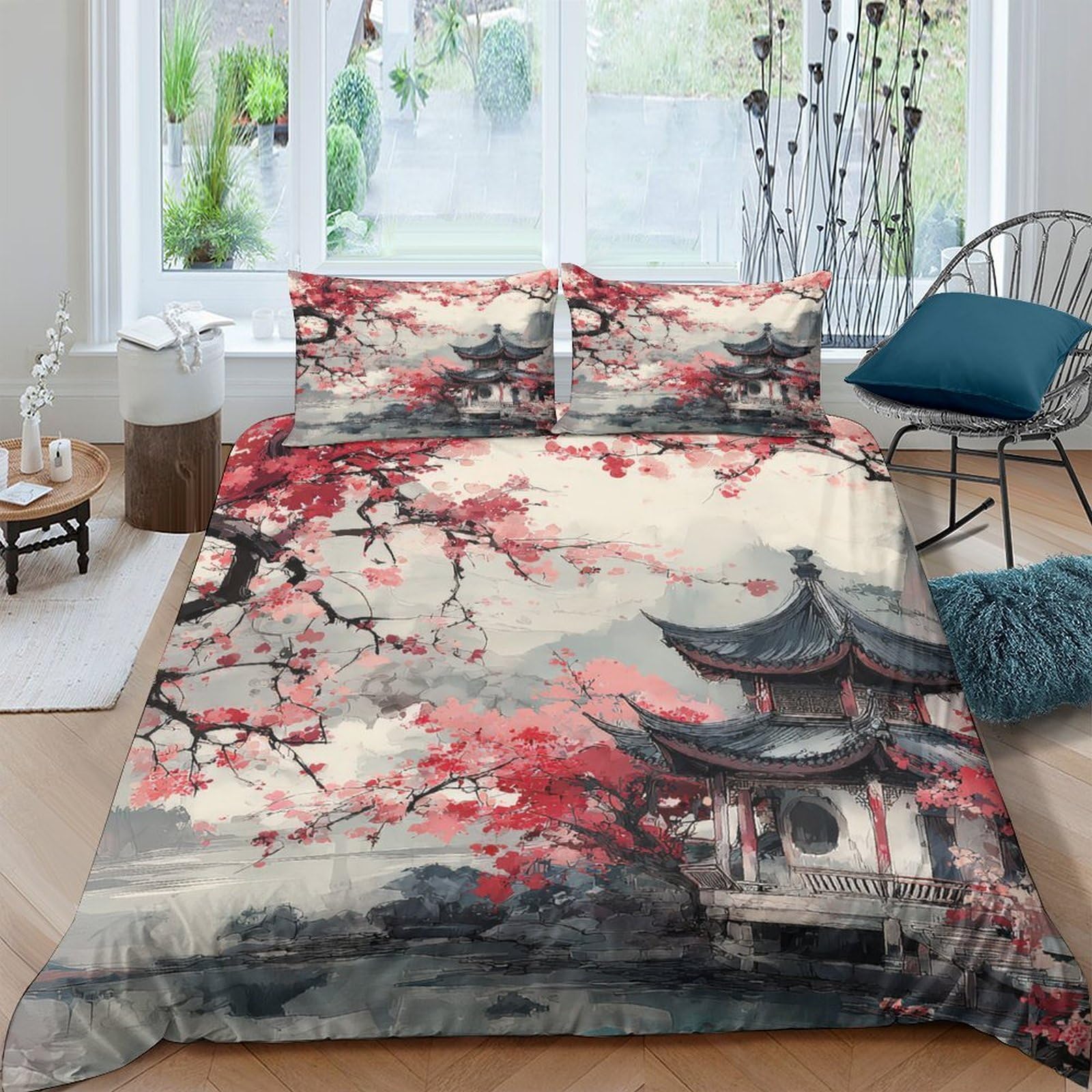 Ctjqhvkz Style-1 3D Printed Sakura Pagoda Fitted Sheet Microfiber Soft Artistic Bed Cover For Bedroom Guest Room Easy Wash Decor Single（135X200cm）